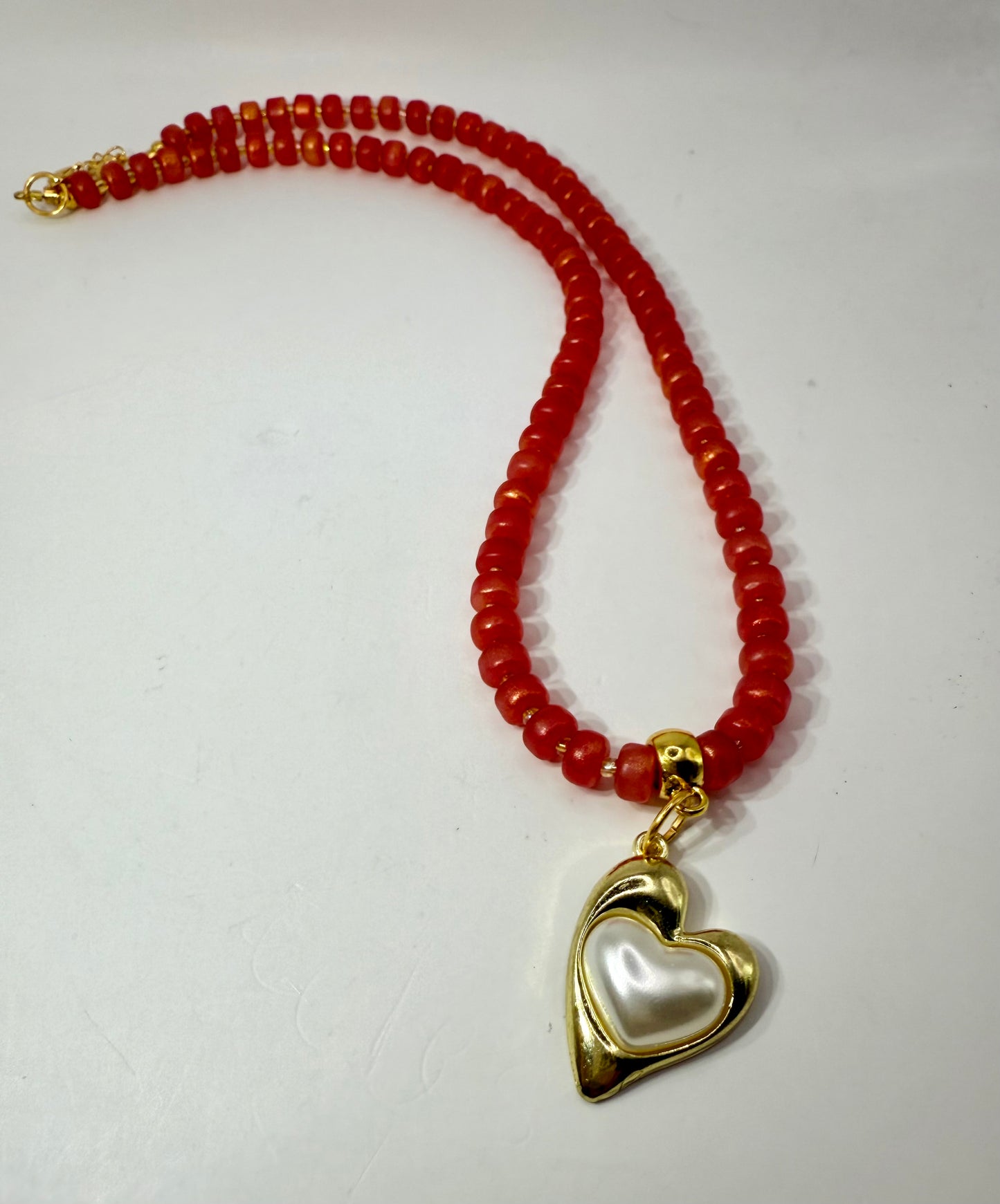 Pumpkin Glass Bead Necklace with Golden Heart Pendant – 20” Handmade Jewelry, Autumn Necklace, Romantic Gift, Fall Statement Jewelry