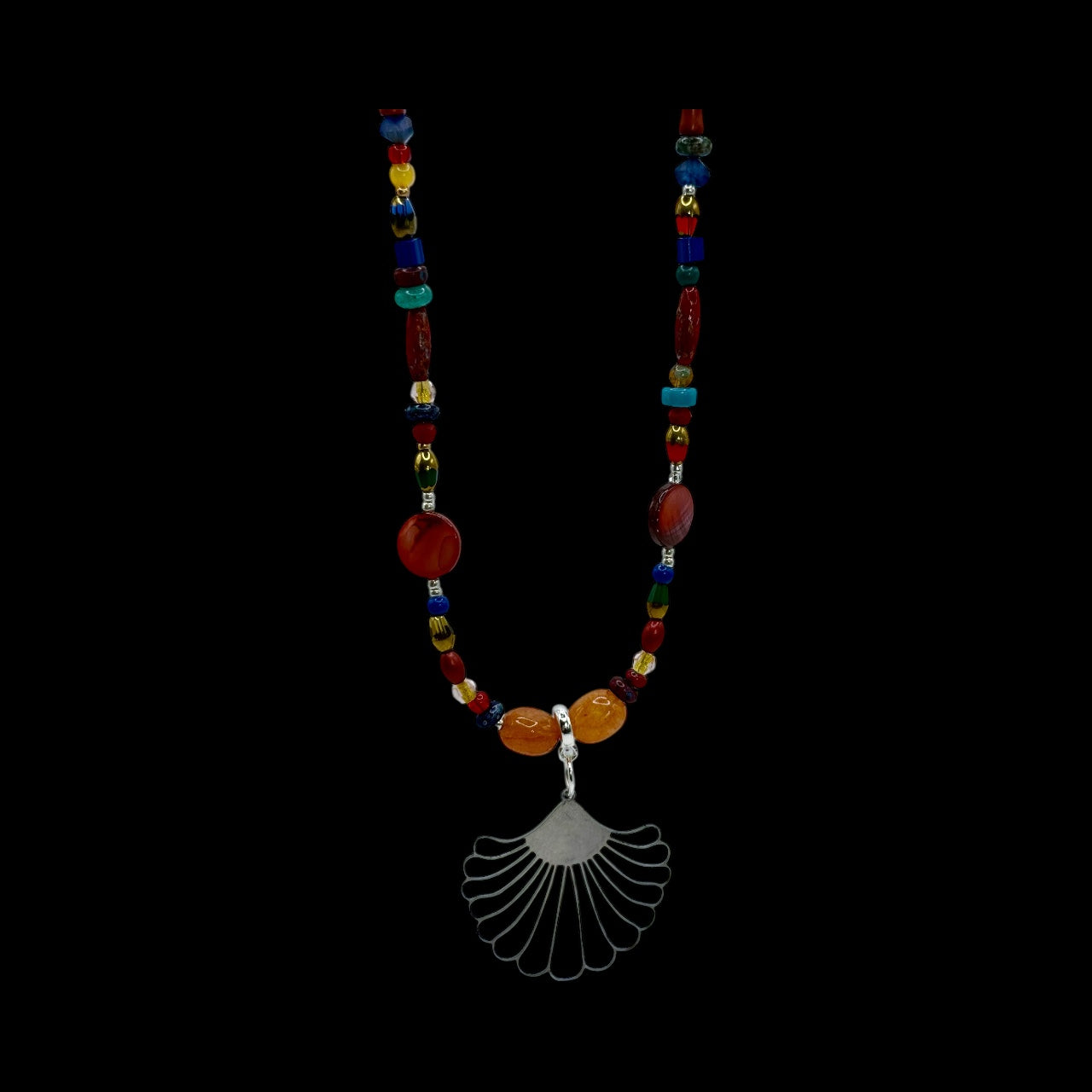 26” Boho Multicolor Beaded Necklace with Silver Fan Pendant | Handmade Artisan Necklace