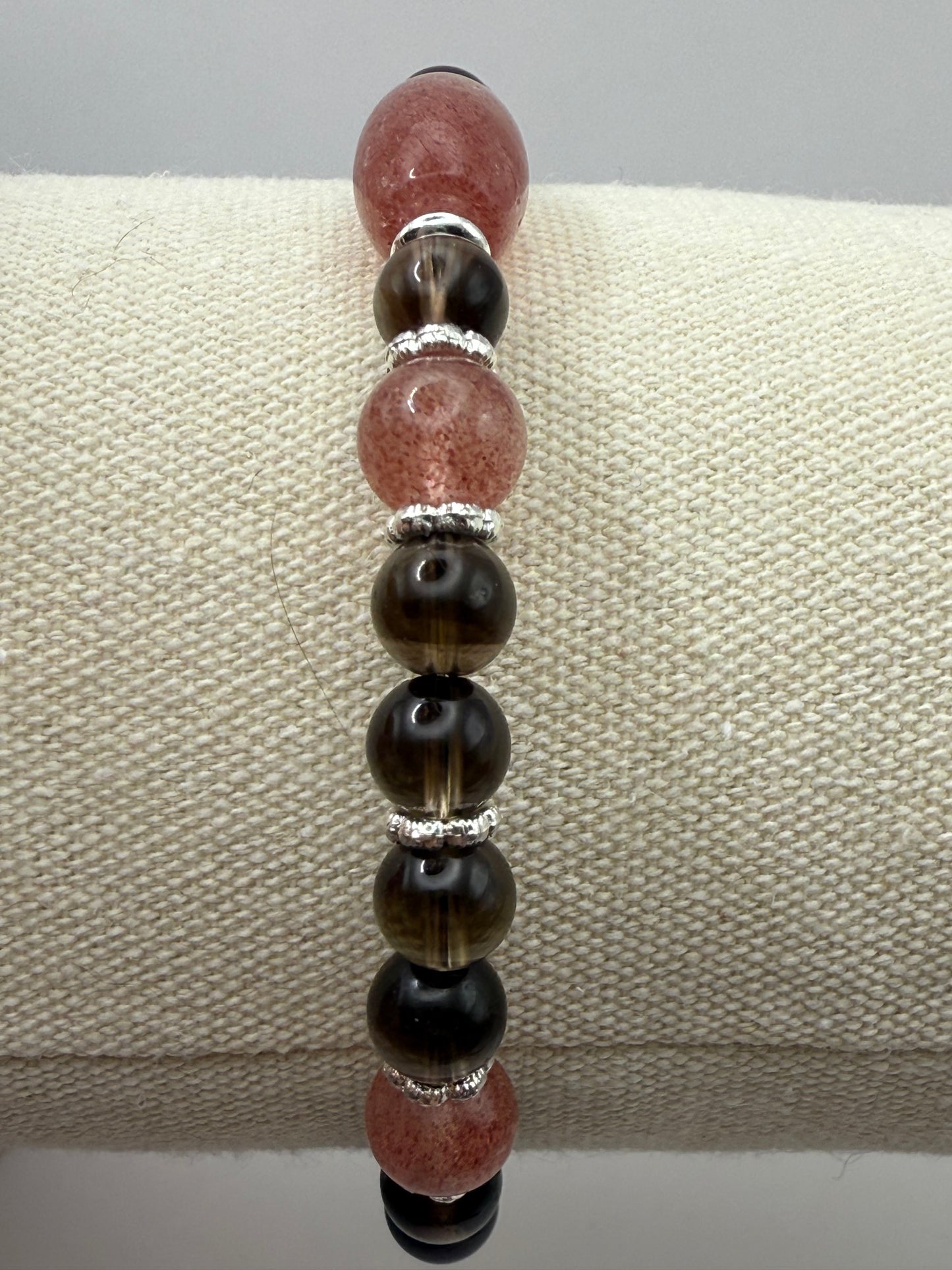 Smoky Quartz with Strawberry Quartz accents bracelet. 7.5"