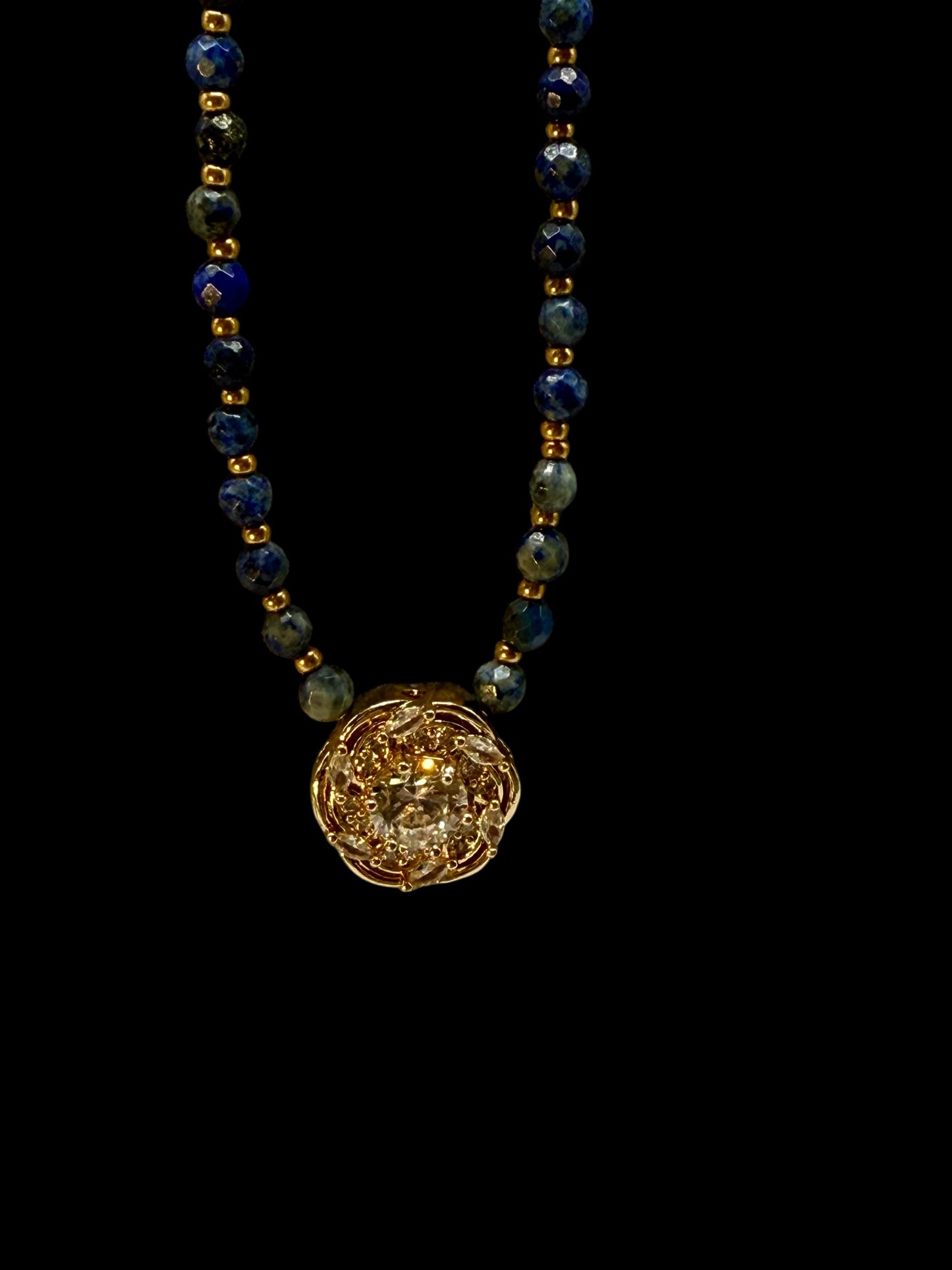 20” Lapis Lazuli Necklace with Gold Crystal Focal Pendant | Handmade Gemstone Jewelry | Elegant Blue Beaded Necklace for Women