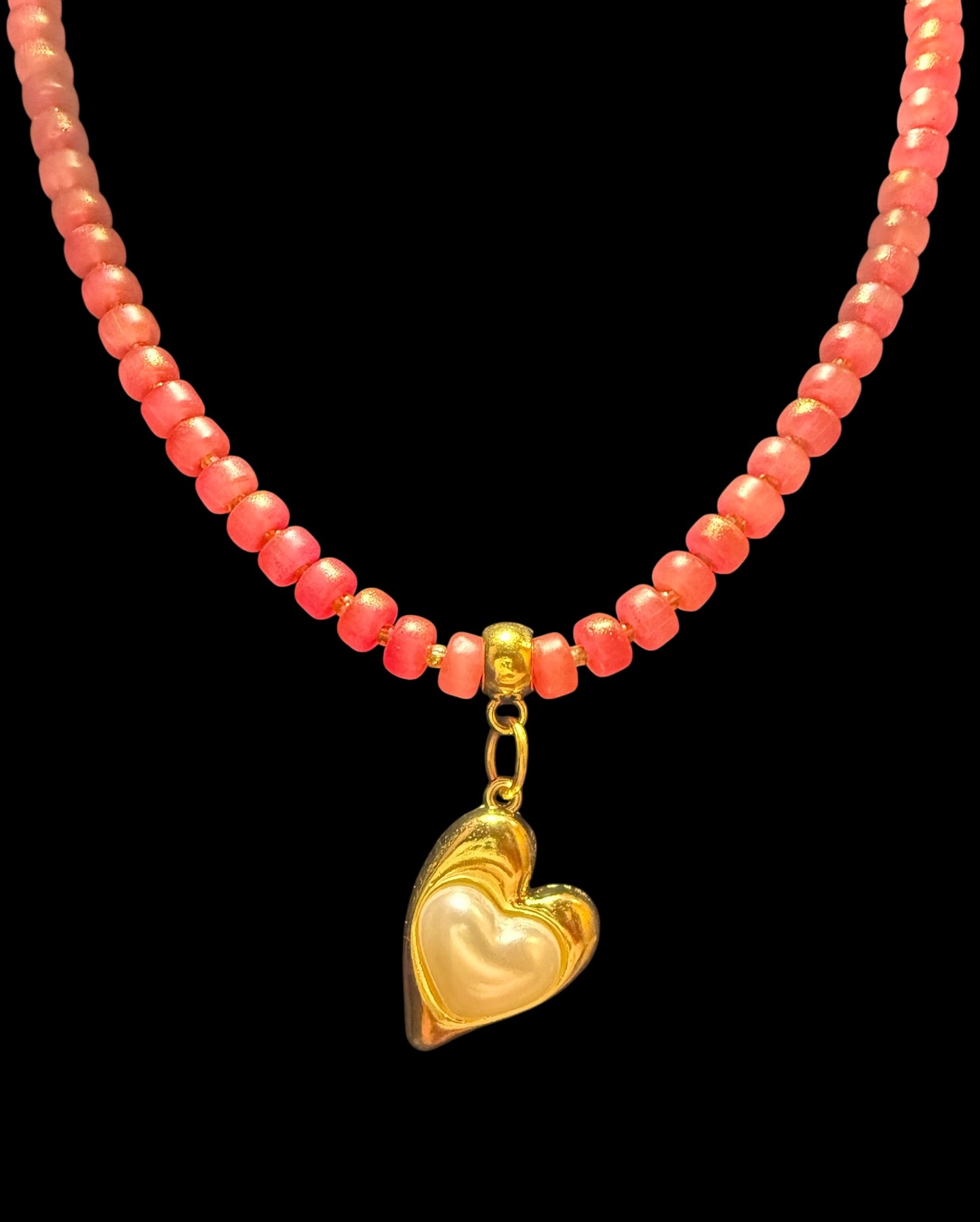 Pumpkin Glass Bead Necklace with Golden Heart Pendant – 20” Handmade Jewelry, Autumn Necklace, Romantic Gift, Fall Statement Jewelry