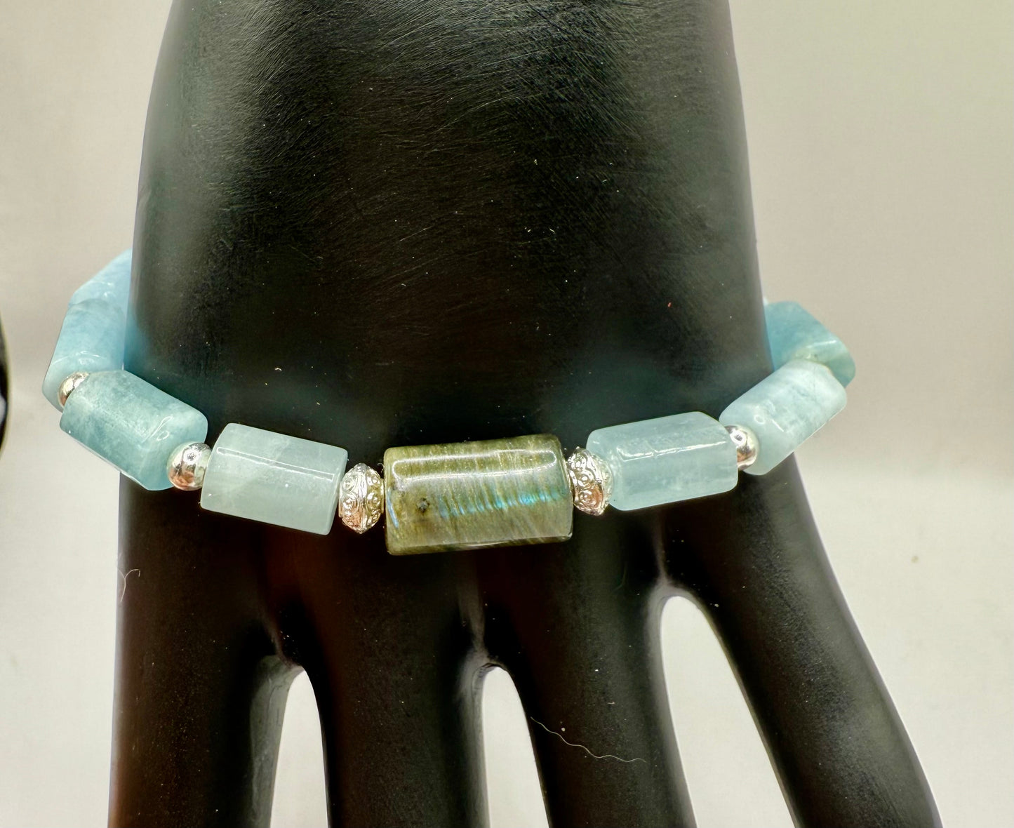 7.75” Aquamarine Bracelet with Labradorite Focal – Silver Accents, Handmade Clasp Jewelry