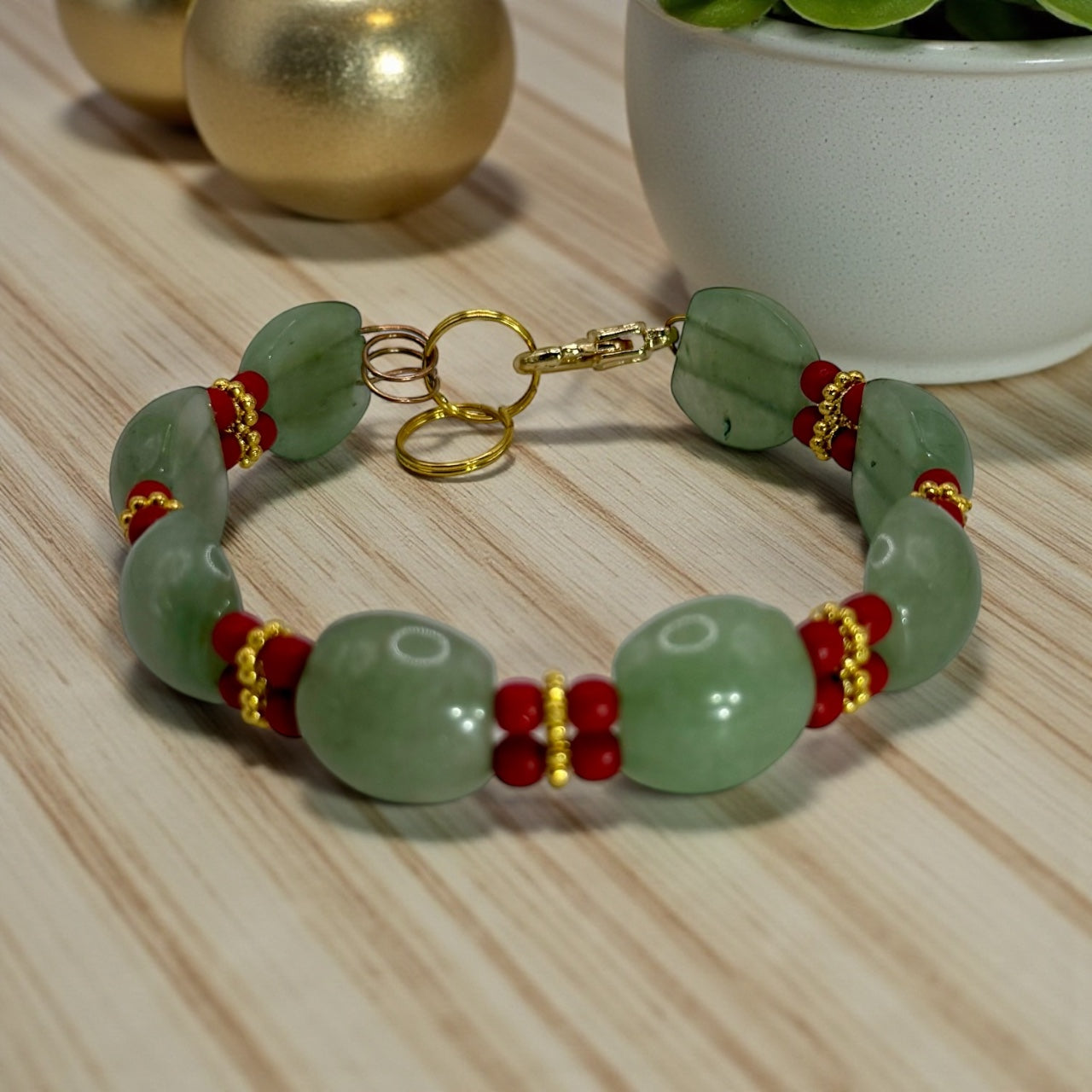 Green Jade & Red Dyed Turquoise Clasp Bracelet – 7.75”