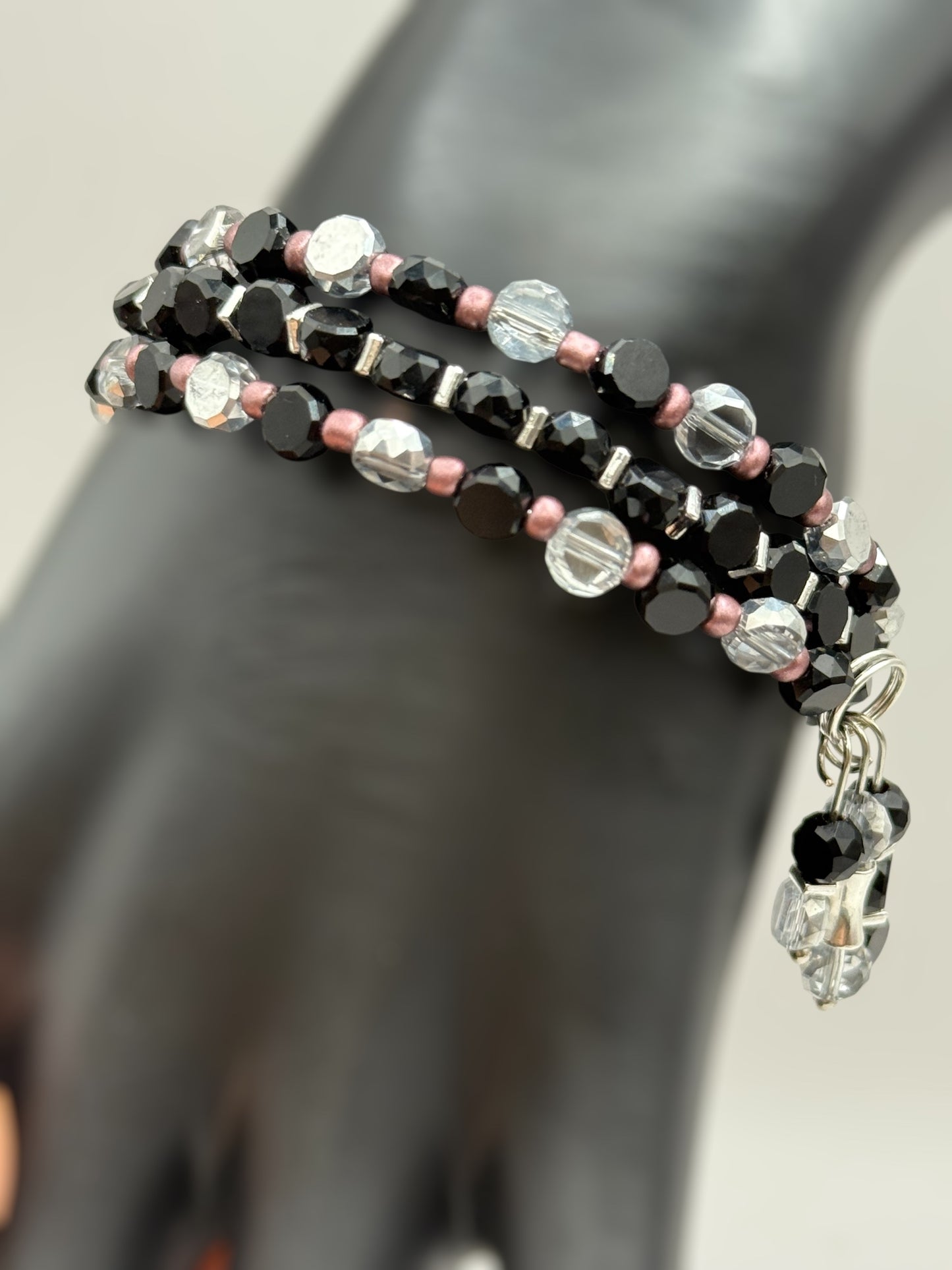 Elegant Black and Silver Beaded Wrap Bracelet – Crystal Glass Memory Wire Bracelet with Matching Charm – Handmade Jewelry