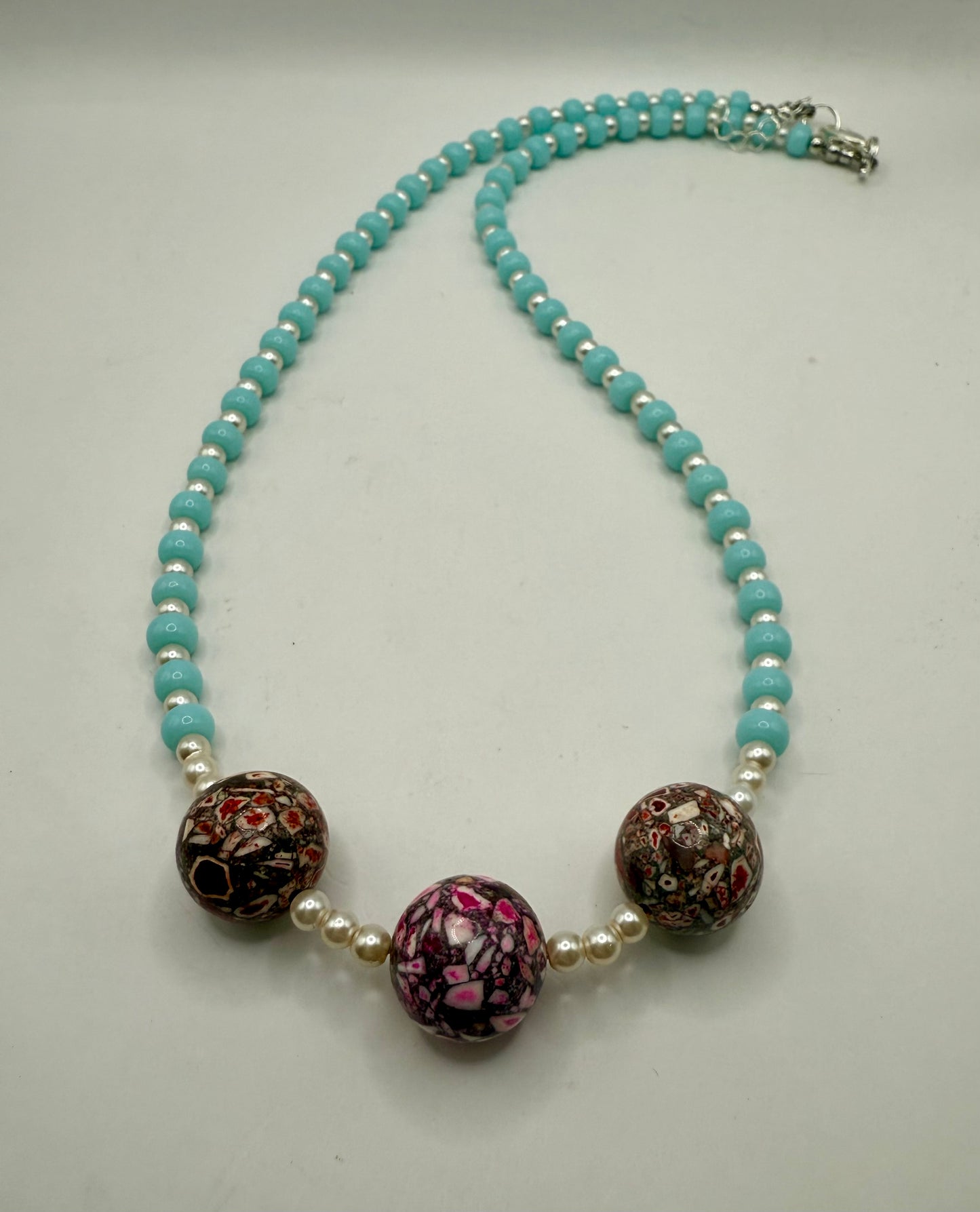20” Blue Jade Beaded Necklace with Daqi Focal Beads – Unique Statement Jewelry, Bold Mosaic Beads, Handmade Gift for Her