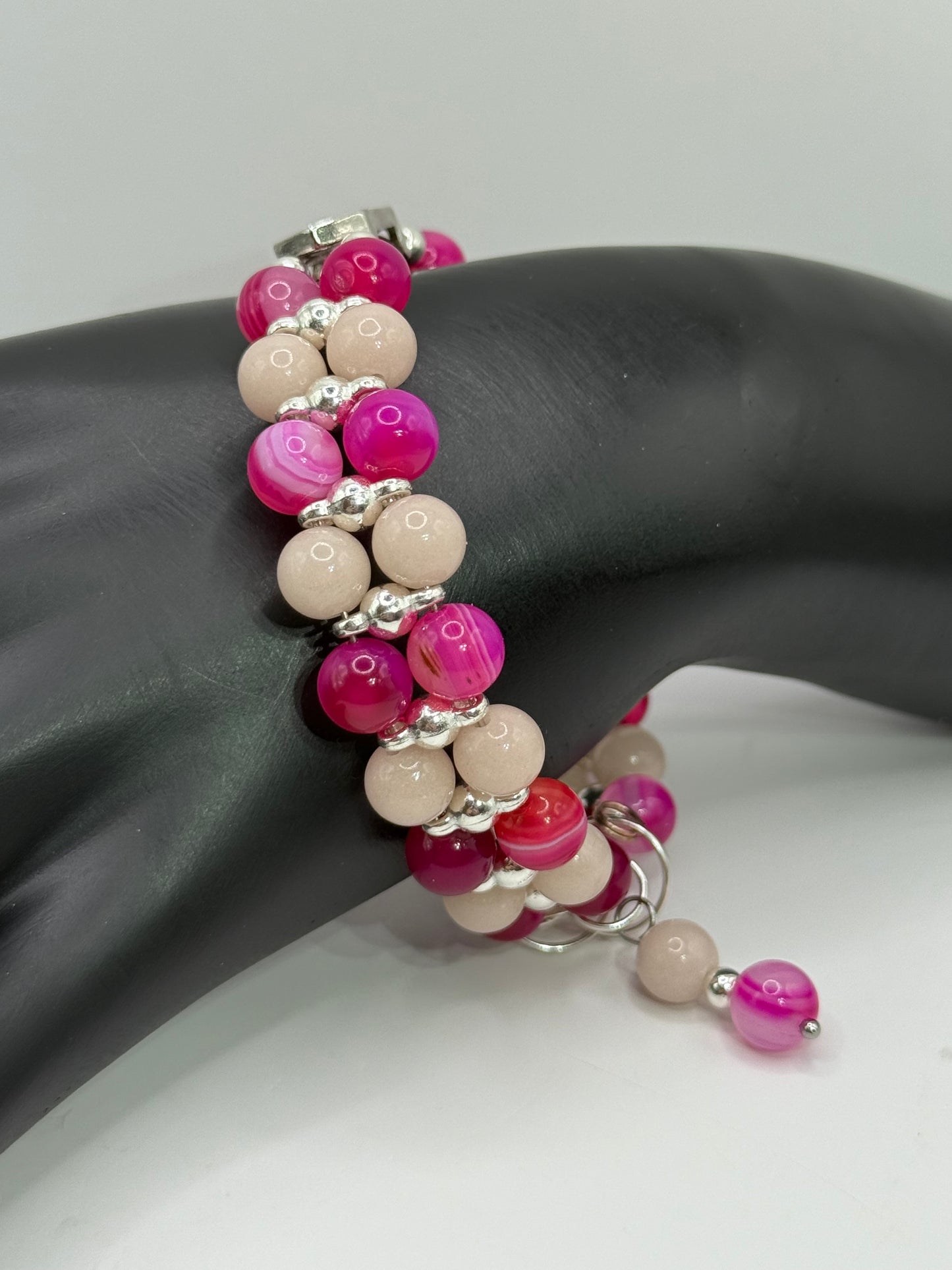 Banded Pink Agate & Luminous Stone Double Bracelet | 8” Adjustable Glow in the Dark Jewelry