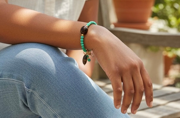 Southwest Boho Green Howlite Bracelet | 7–7.5” Adjustable Beaded Bracelet with Gold Accents | Handmade Bohemian Jewelry
