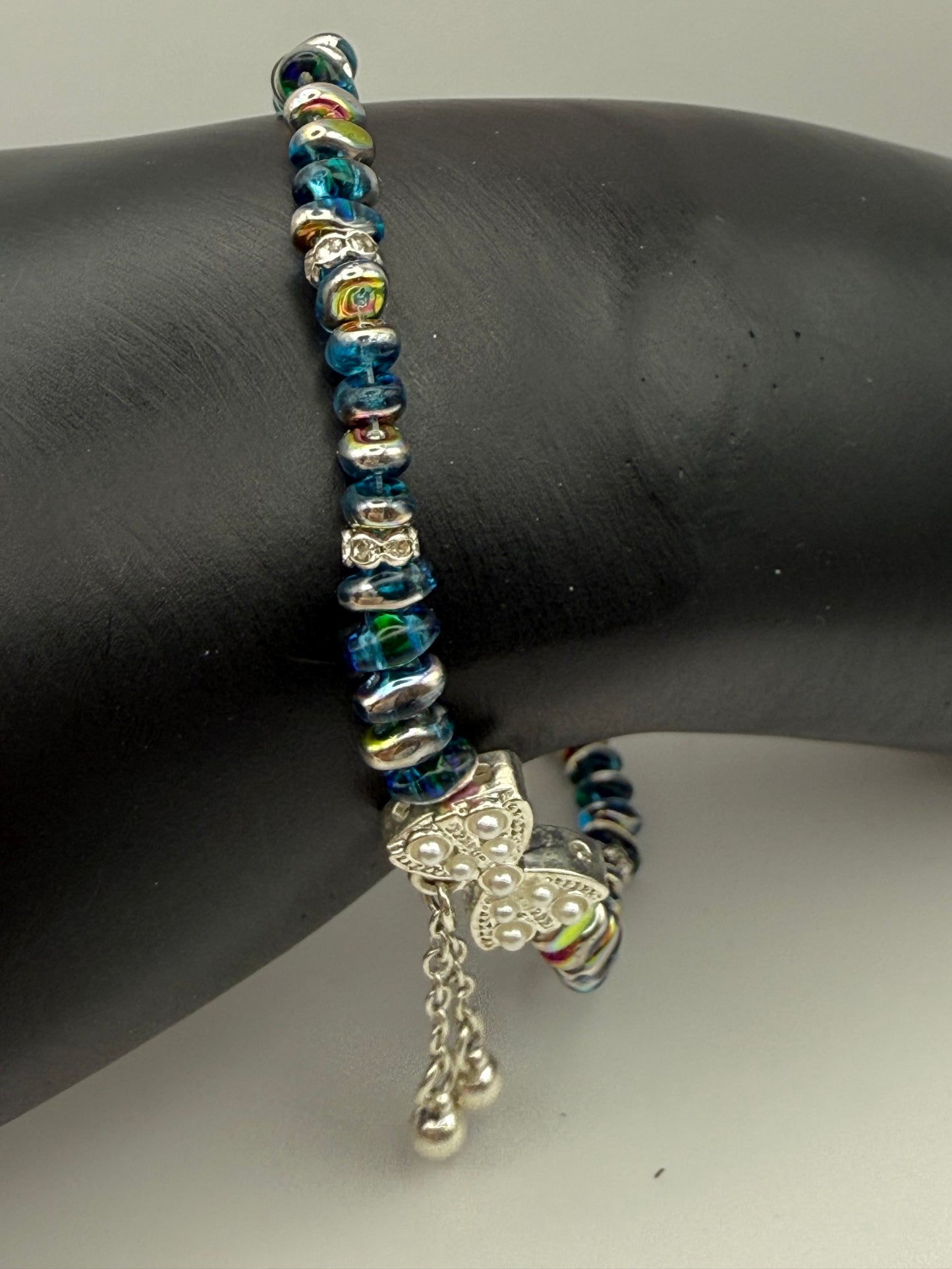 Blue and Green Vitrail Style Bracelet with Pearlescent Bow Focal 7.5"-8"