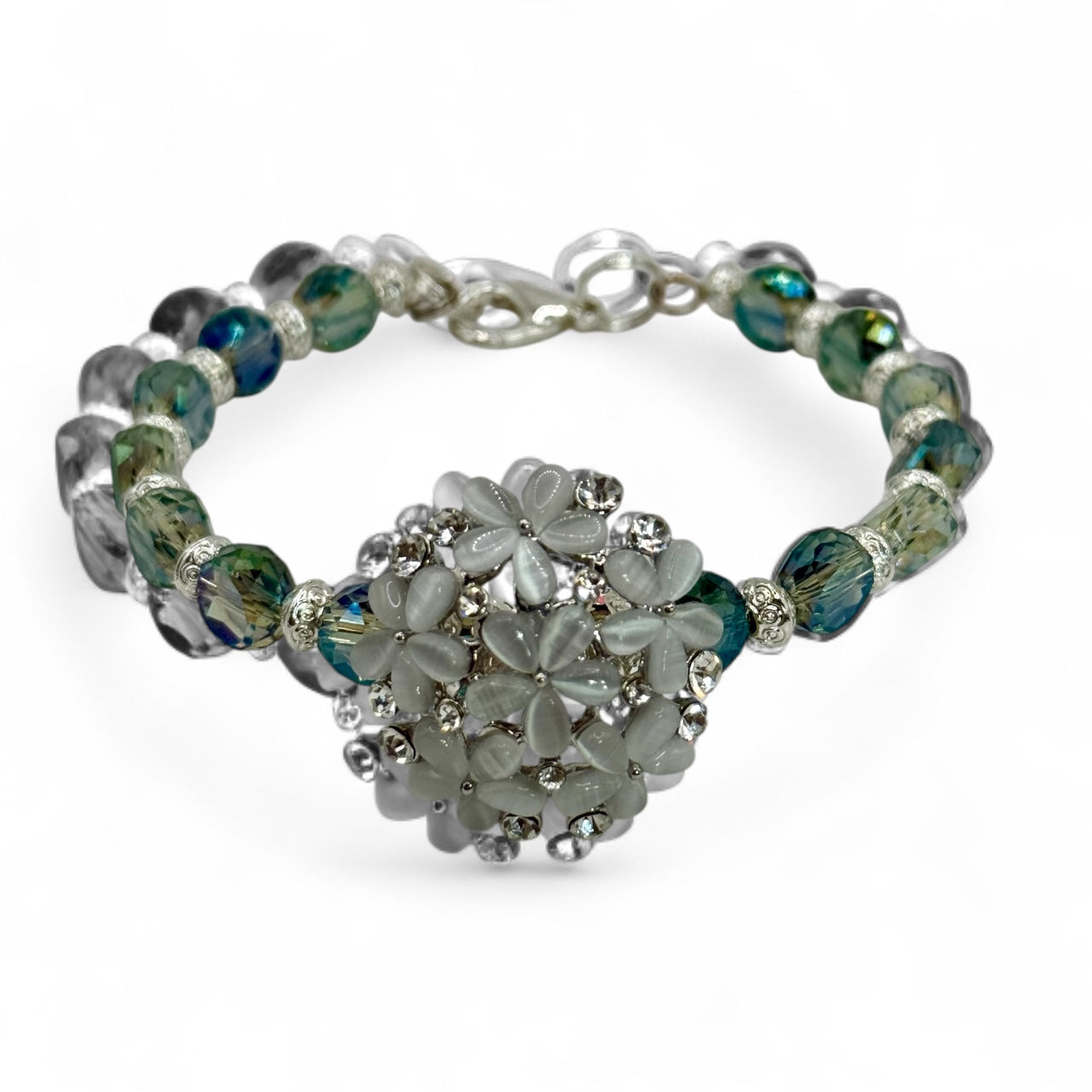 White Floral Crystal Bracelet – 7.5” Beaded Clasp Bracelet | Handmade Jewelry | Sparkling Gift for Her