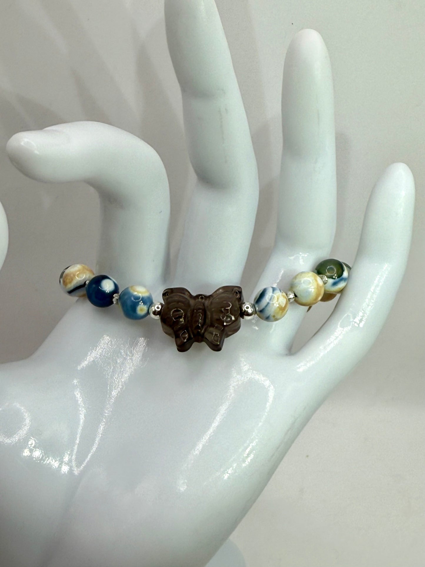 Orca Agate Bracelet with Smoky Quartz Butterfly Focal – 7” Clasp – Natural Gemstone Jewelry