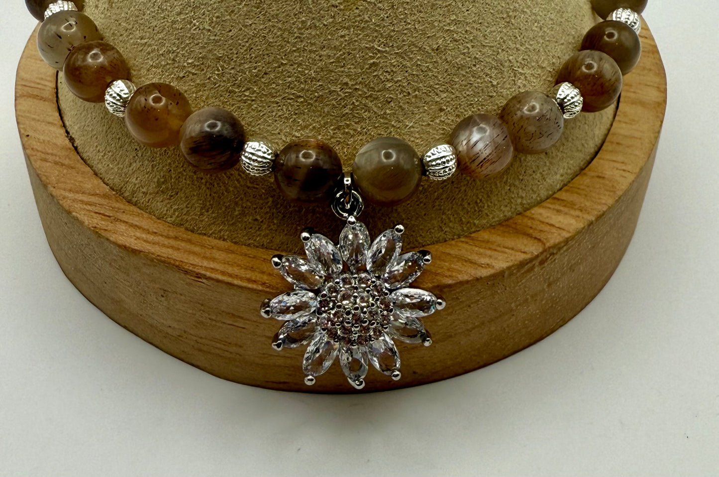 Sunstone Elastic Bracelet with Silver Daisy Focal Charm