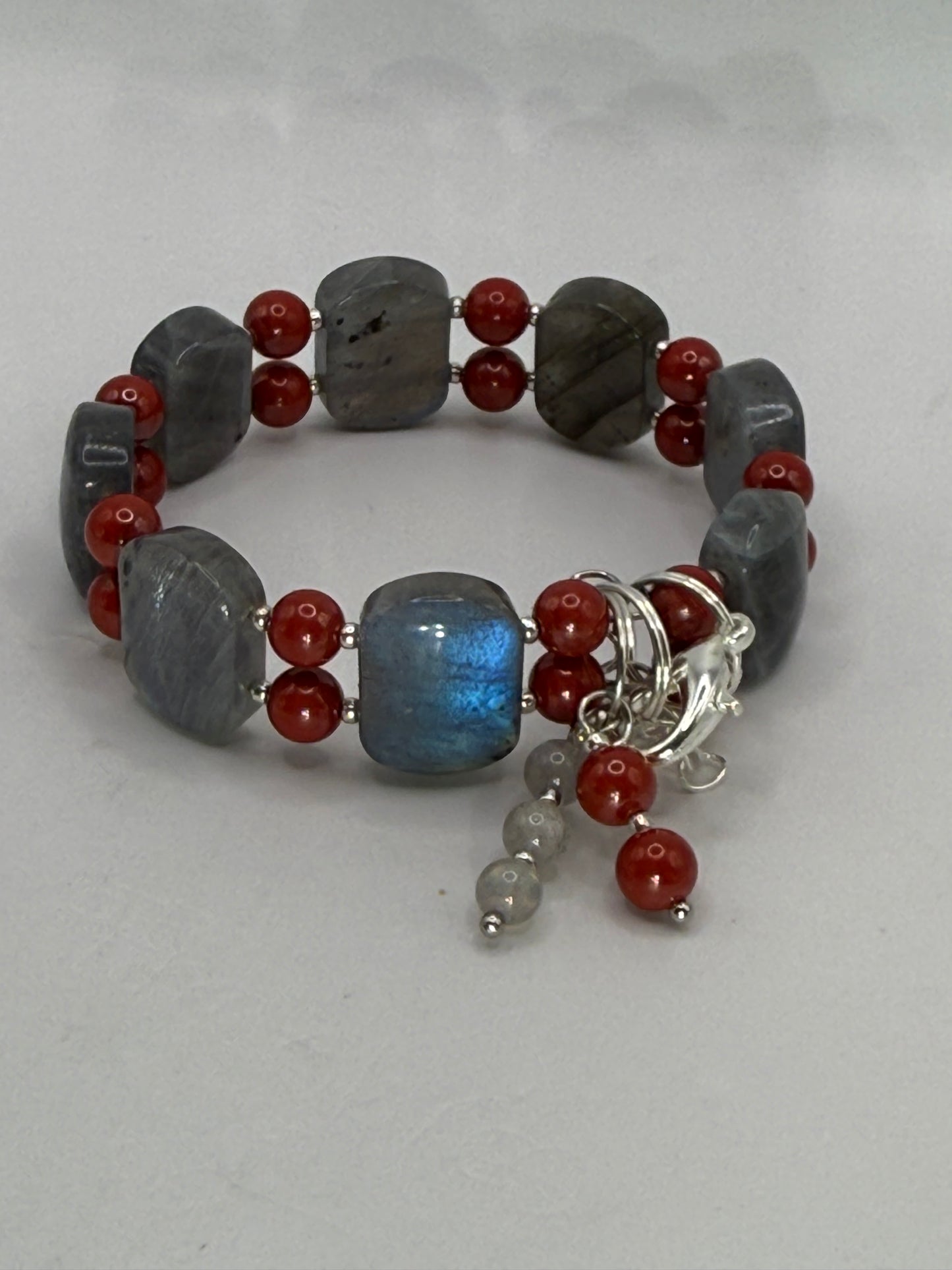 Flashing Labradorite and Cinnabar Double Bangle Bracelet | 7.5”–8” Adjustable Clasp Gemstone Bracelet | Handmade Statement Jewelry