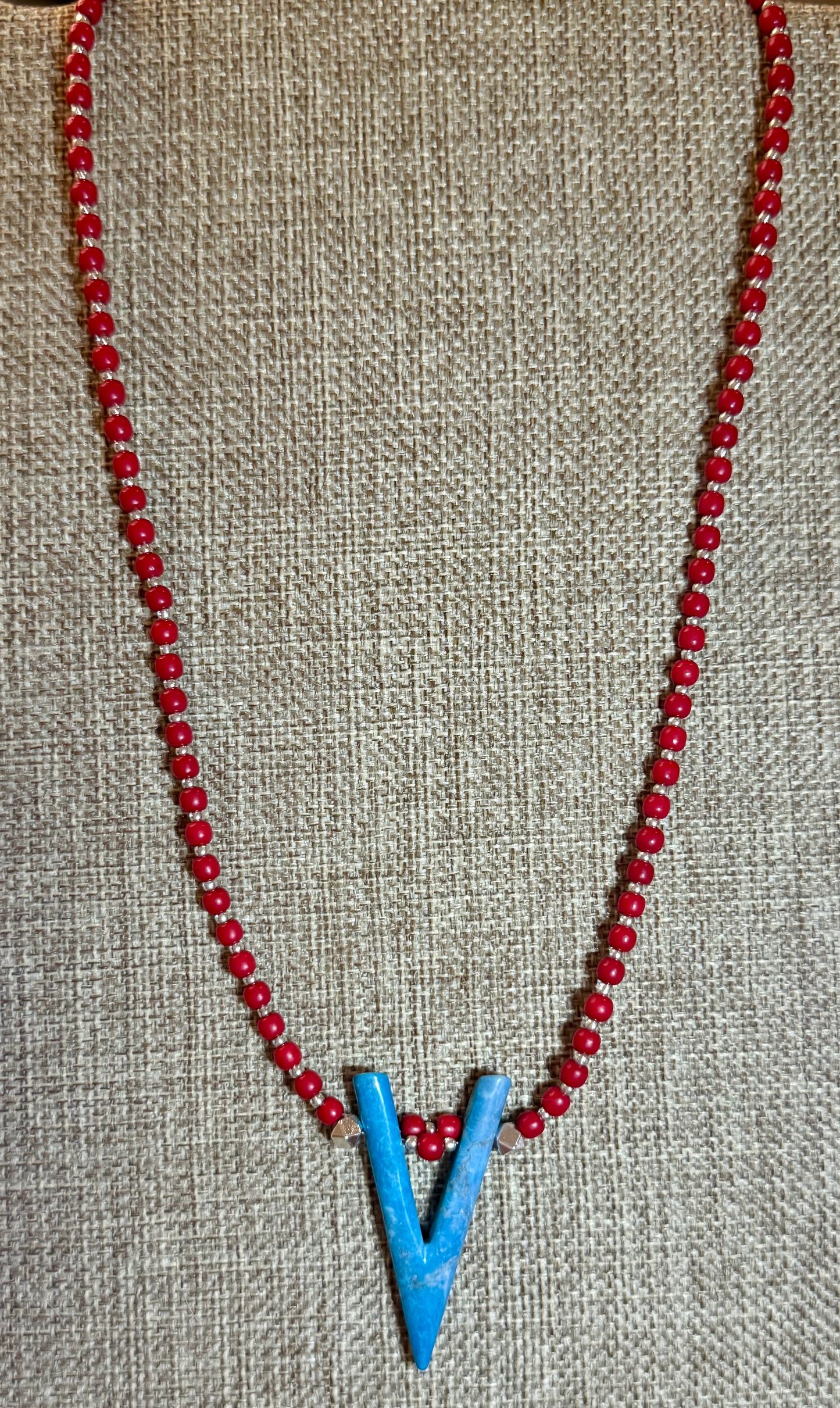 Red Beaded Necklace with Blue V Pendant • 22” Gemstone Statement Necklace • Boho Southwest Jewelry • Handmade Gift for Her