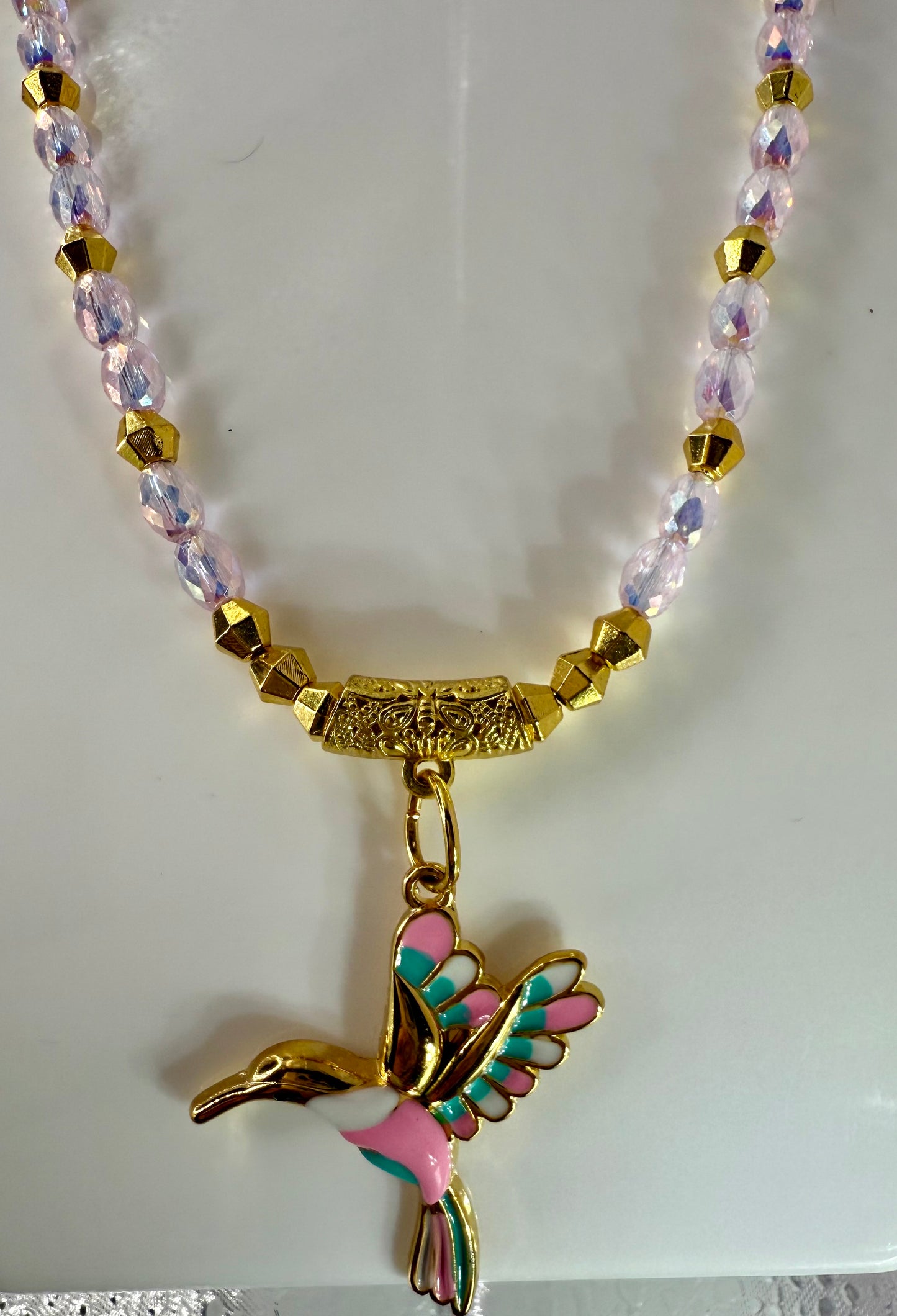 Pink Faceted Glass Necklace with Hummingbird Pendant – 18” Sparkly Beaded Necklace with Gold Accents – Free Matching Earrings Included