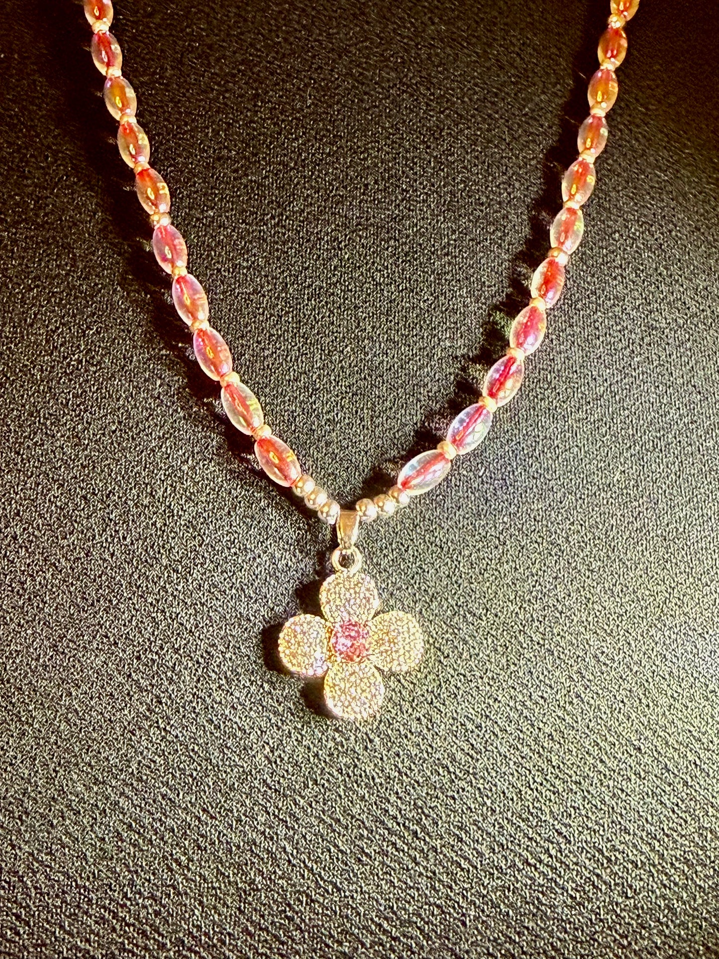 Pink Iridescent Beaded Necklace Set | 22” Necklace + Coordinating Wrap Bracelet | Floral CZ Charm