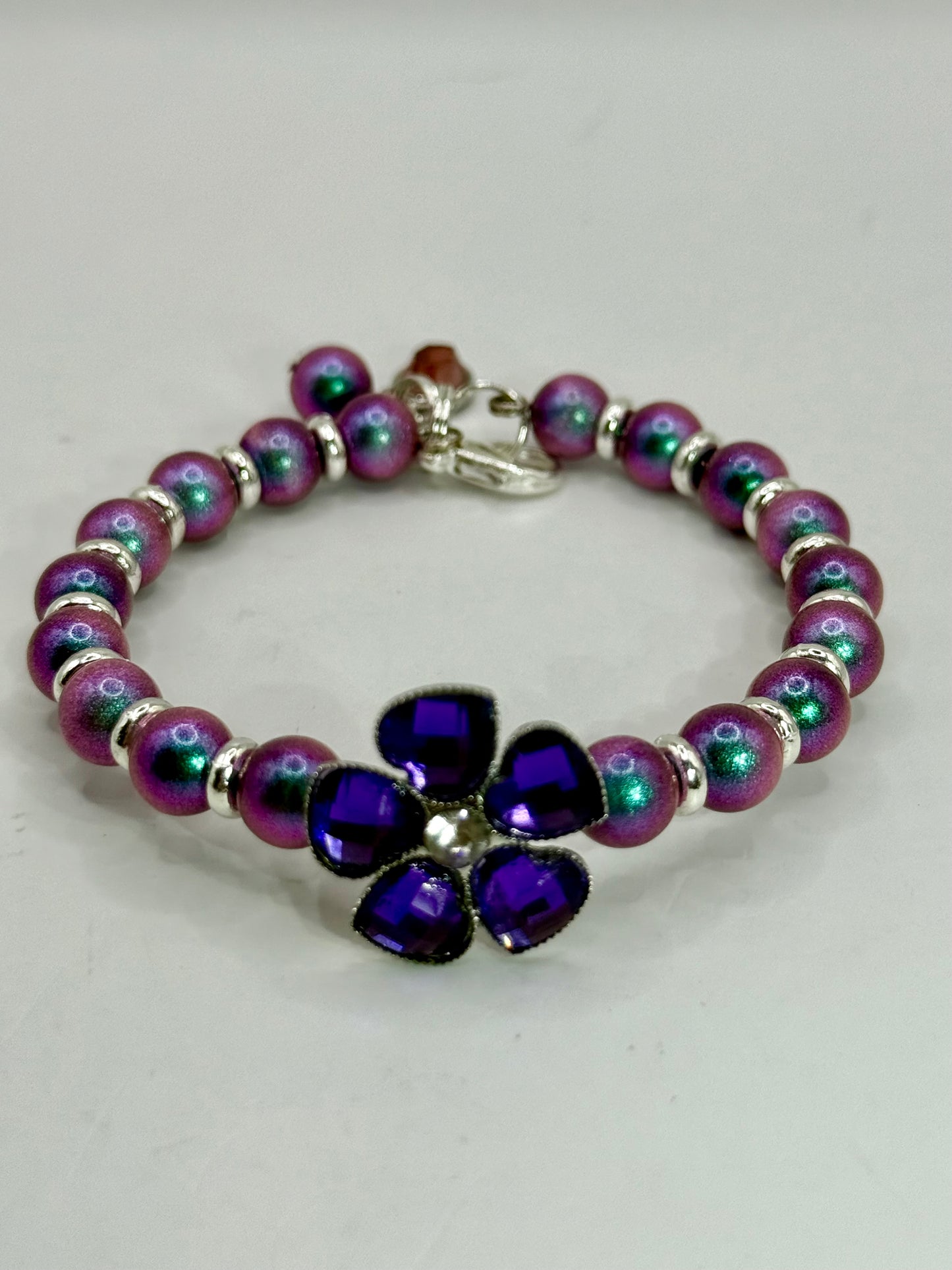 Purple Flower Bracelet – 7.75” Clasp Bracelet | Handmade Beaded Jewelry | Violet Crystal Floral Bracelet | Gift for Her