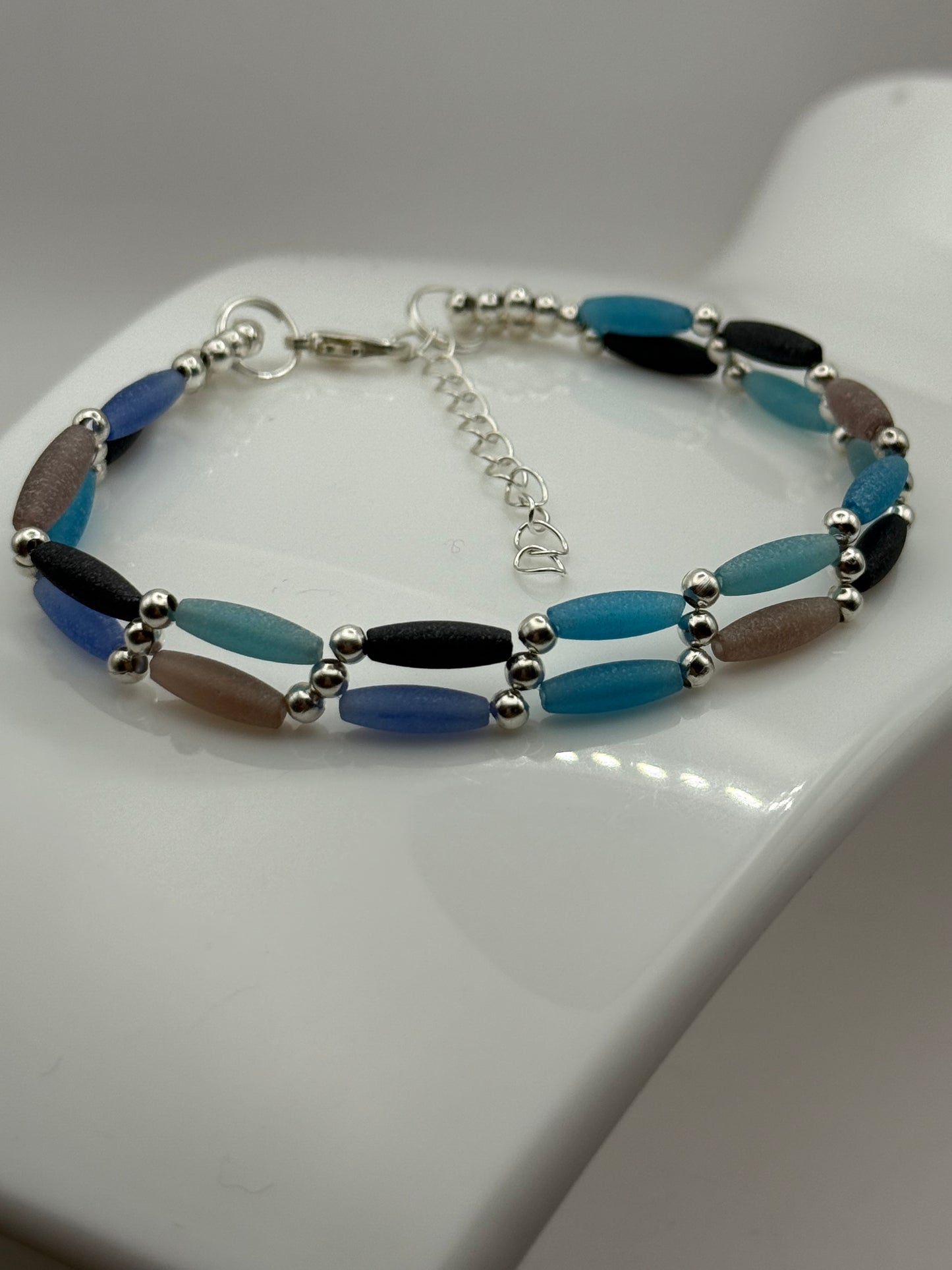 Blue Hues Rice Double Strand Bracelet 7.75"