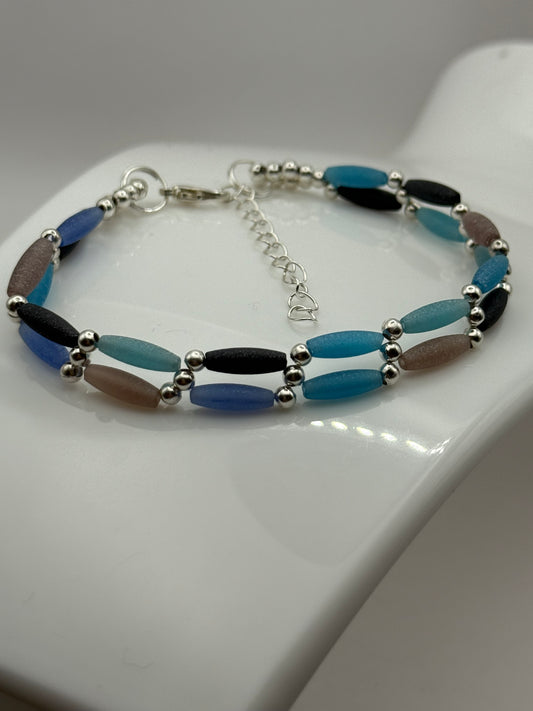 Blue Hues Rice Double Strand Bracelet 7.75"