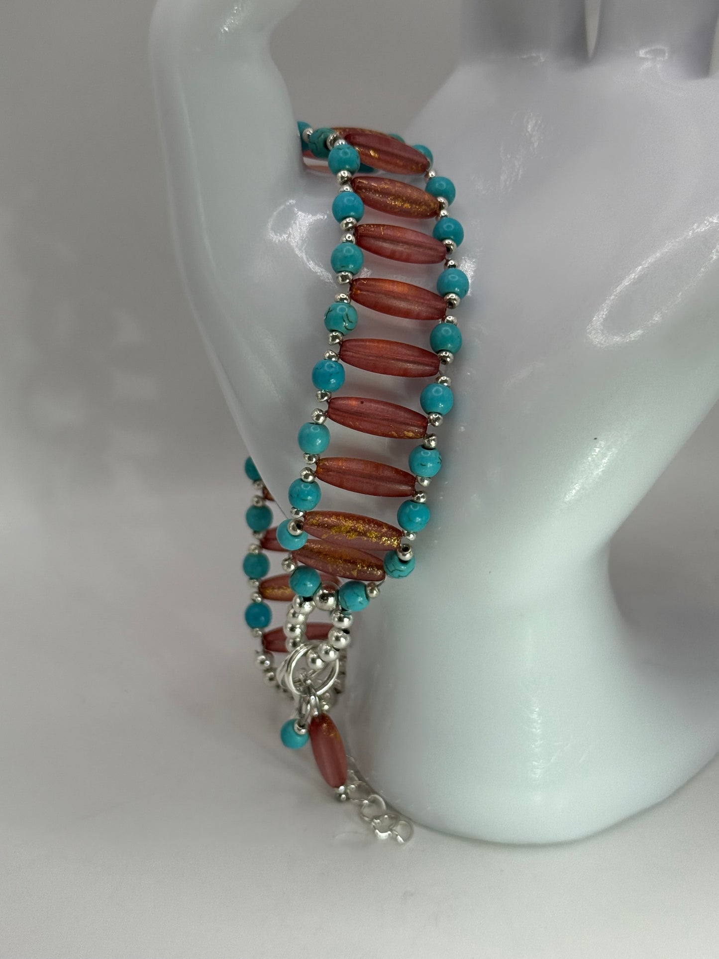 Handmade Turquoise Howlite & Golden Orange Rice Bead Bracelet – 7.5” Adjustable Clasp | Southwest Boho Jewelry