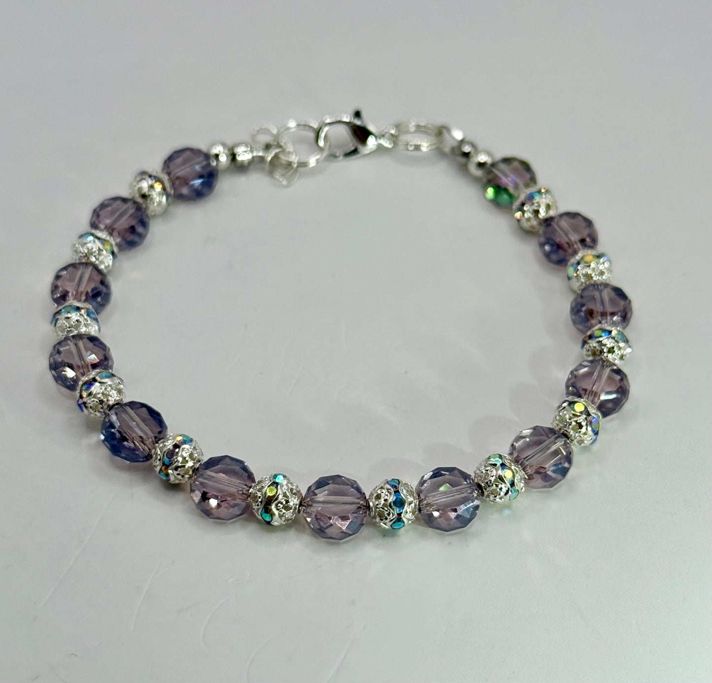 Electroplated Glass Coin Bracelet – 7.5” Clasp, Iridescent Crystal Beads, Handmade Jewelry Gift for Her