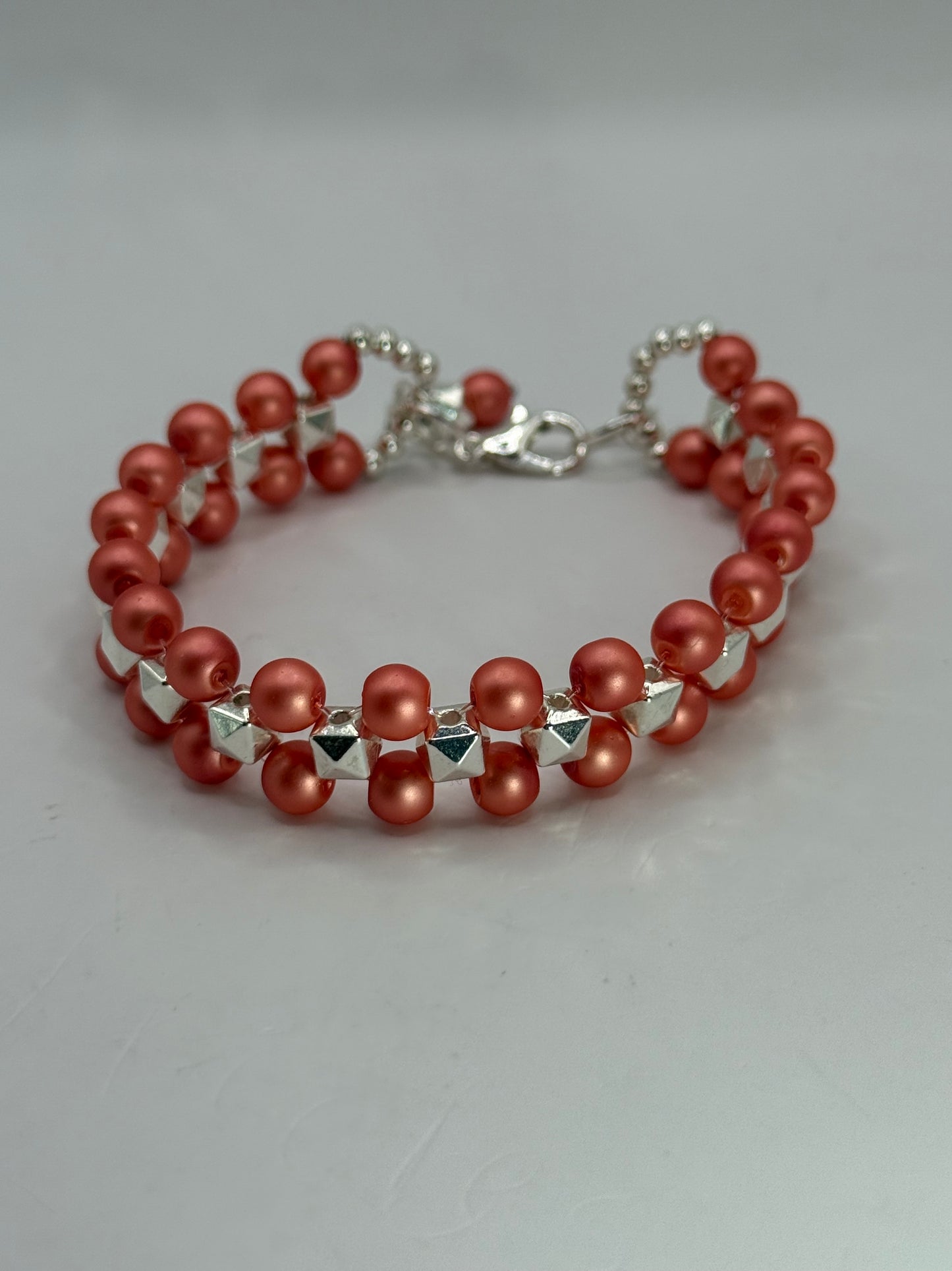 Salmon Pearl and Silver Pyramid Bead Bracelet | 7.5”-7.75” Double Strand Clasp Bracelet | Handmade Jewelry Gift for Her