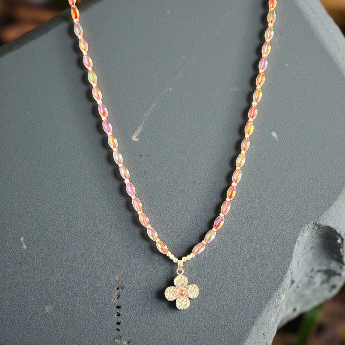 Pink Iridescent Beaded Necklace Set | 22” Necklace + Coordinating Wrap Bracelet | Floral CZ Charm