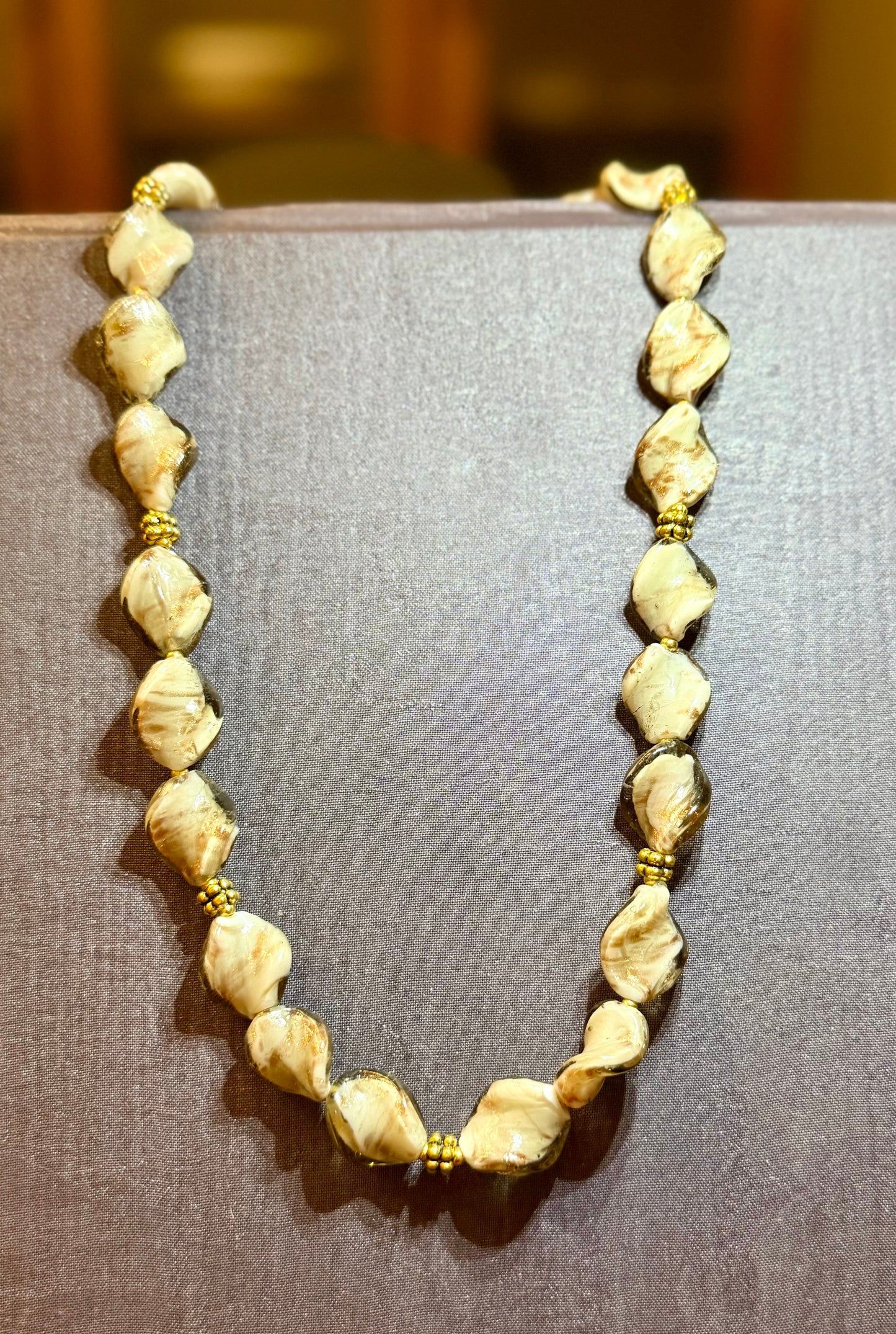 20” Cream Swirl Glass Bead Necklace + Matching Bracelets | Elegant, One-of-a-Kind Set