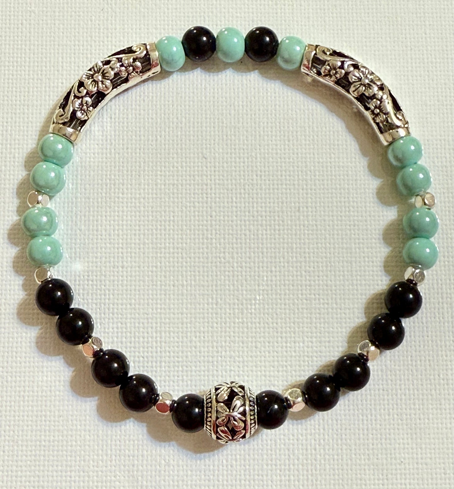 Black Agate and Ocean Stretch Bracelet 8"
