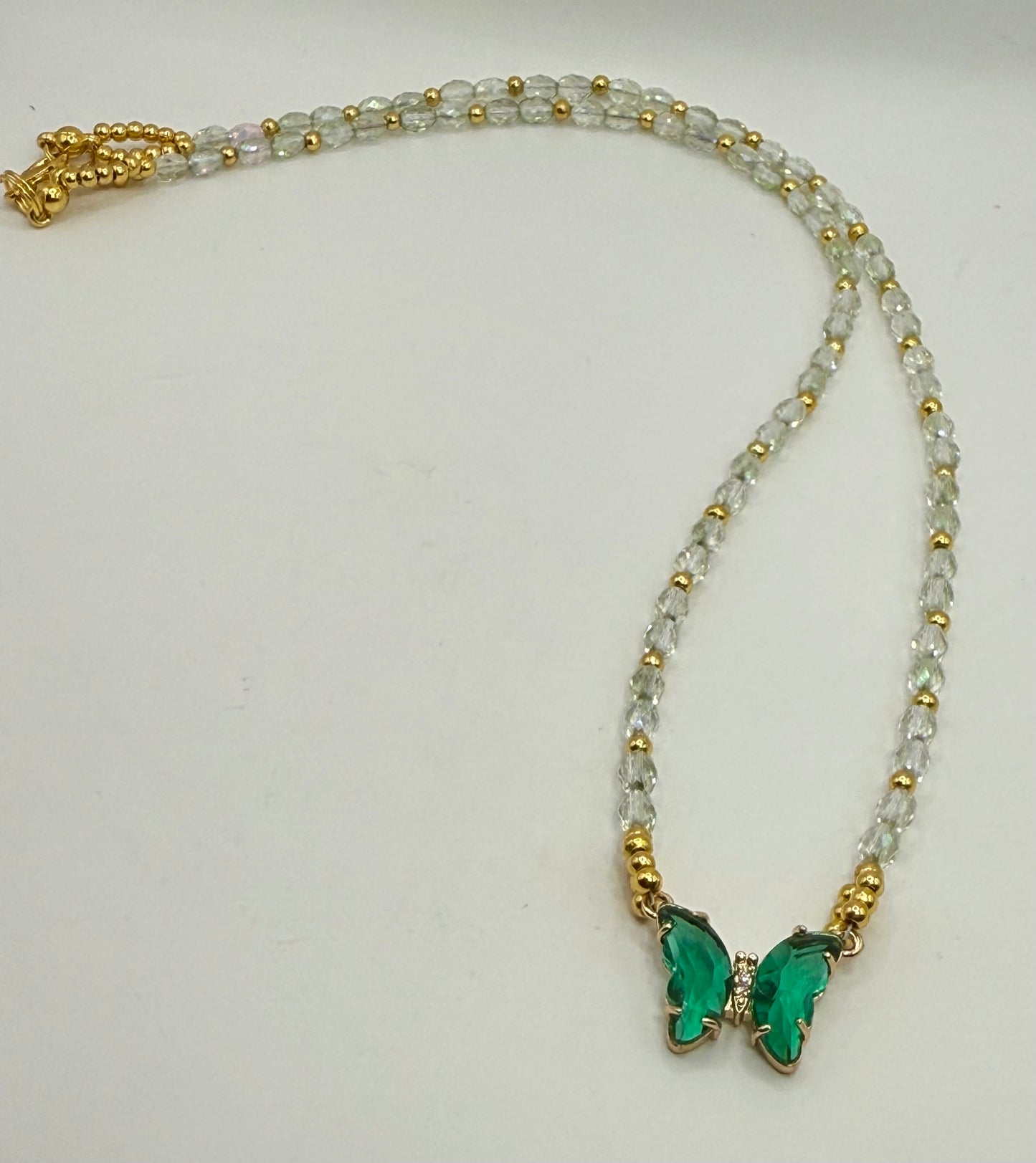Green Crystal Butterfly Pendant Necklace – 20” Faceted Glass Beaded Necklace with Gold Accents – Sparkly Butterfly Jewelry Gift