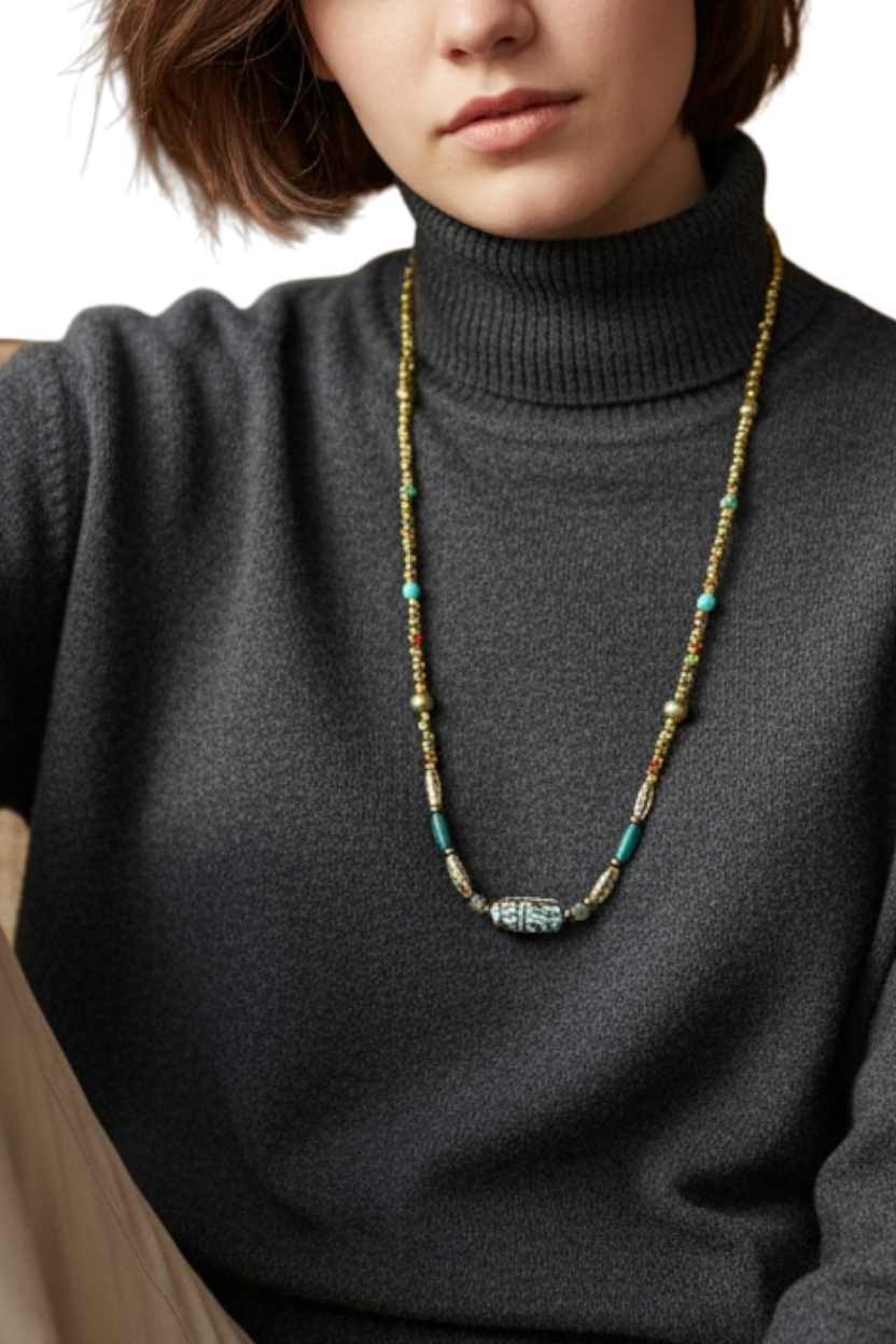 26” Multicolor Artisan Beaded Necklace with Handcrafted Focal Bead • Unique Boho Jewelry