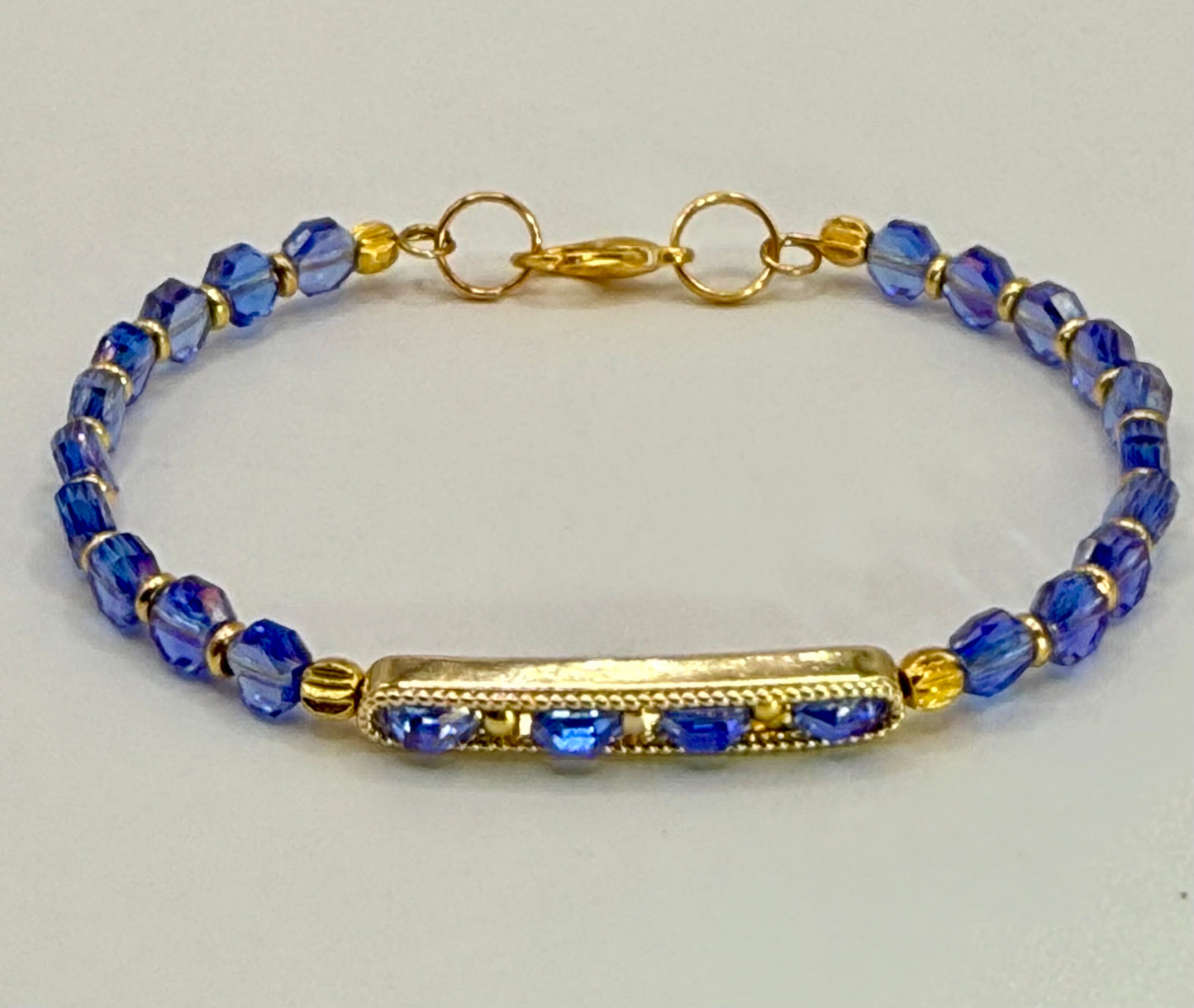 Royal Blue Faceted Glass Bracelet 7.75" • Handmade Gold Bar Bracelet