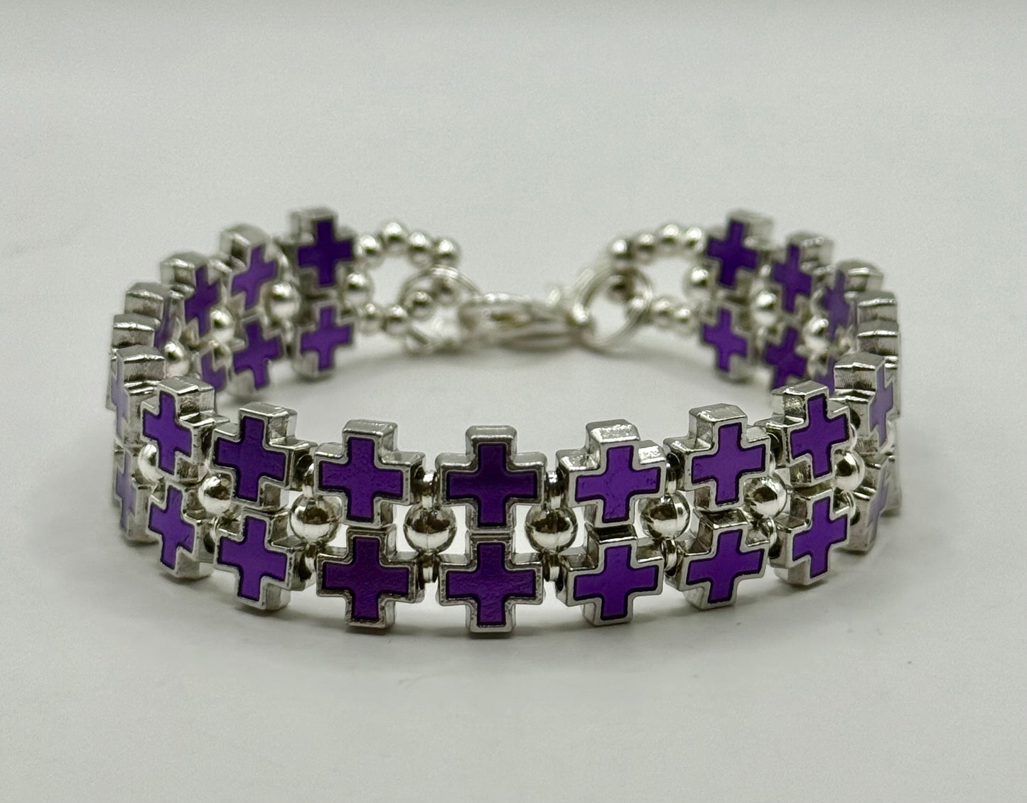 Bold Purple Cross Link Bracelet – Adjustable 7.5” to 8”, Silver-Tone Double Row Design, Unique Statement Jewelry
