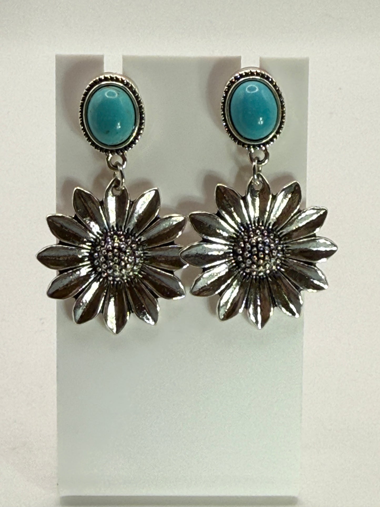 Turquoise Howlite Sunflower Earrings – Silver Floral Western Boho Dangle Earrings