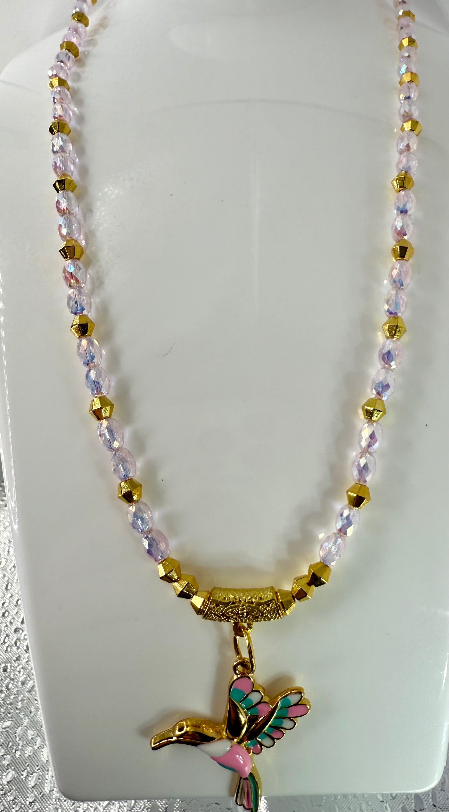 Pink Faceted Glass Necklace with Hummingbird Pendant – 18” Sparkly Beaded Necklace with Gold Accents – Free Matching Earrings Included