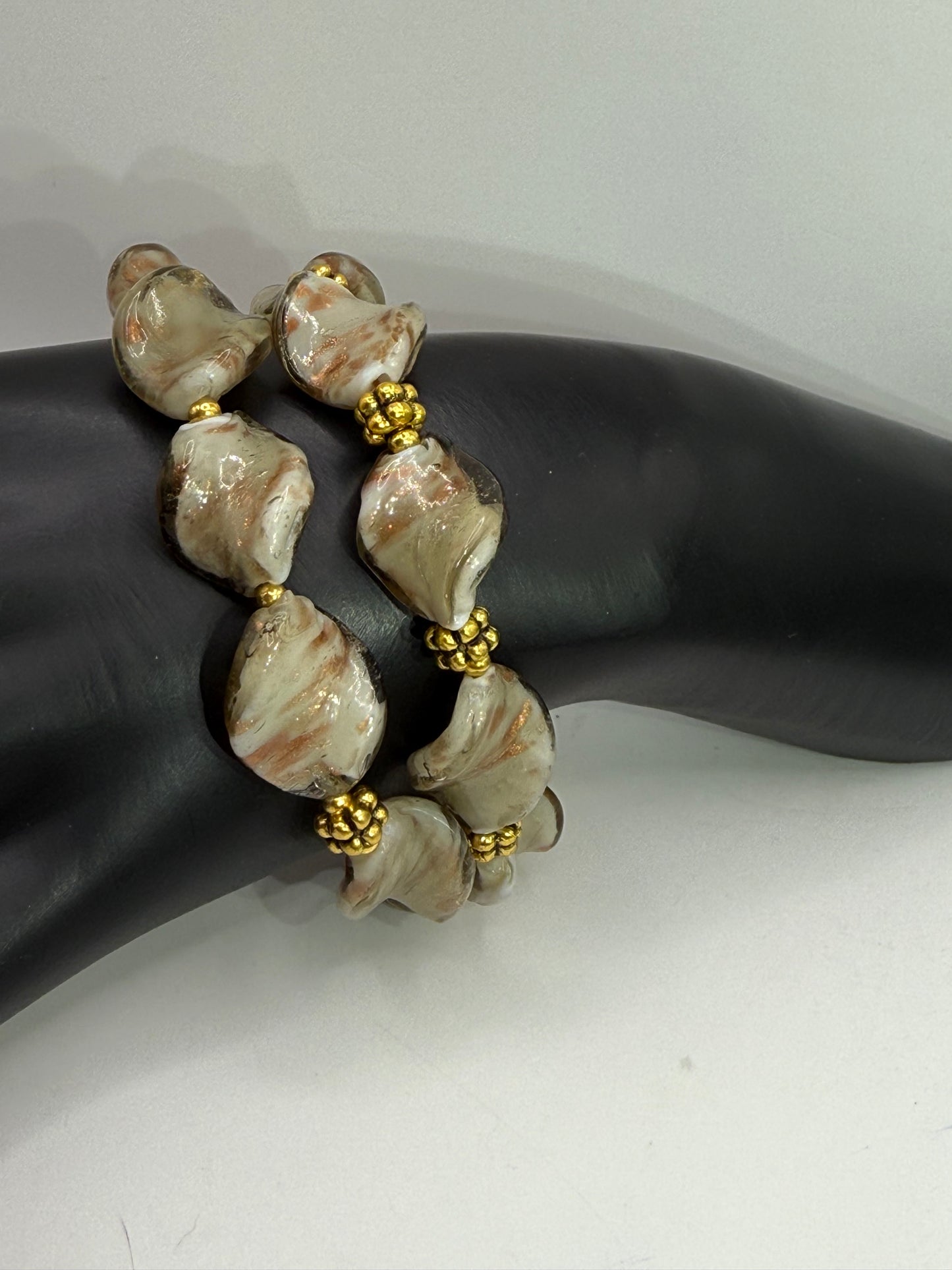 20” Cream Swirl Glass Bead Necklace + Matching Bracelets | Elegant, One-of-a-Kind Set