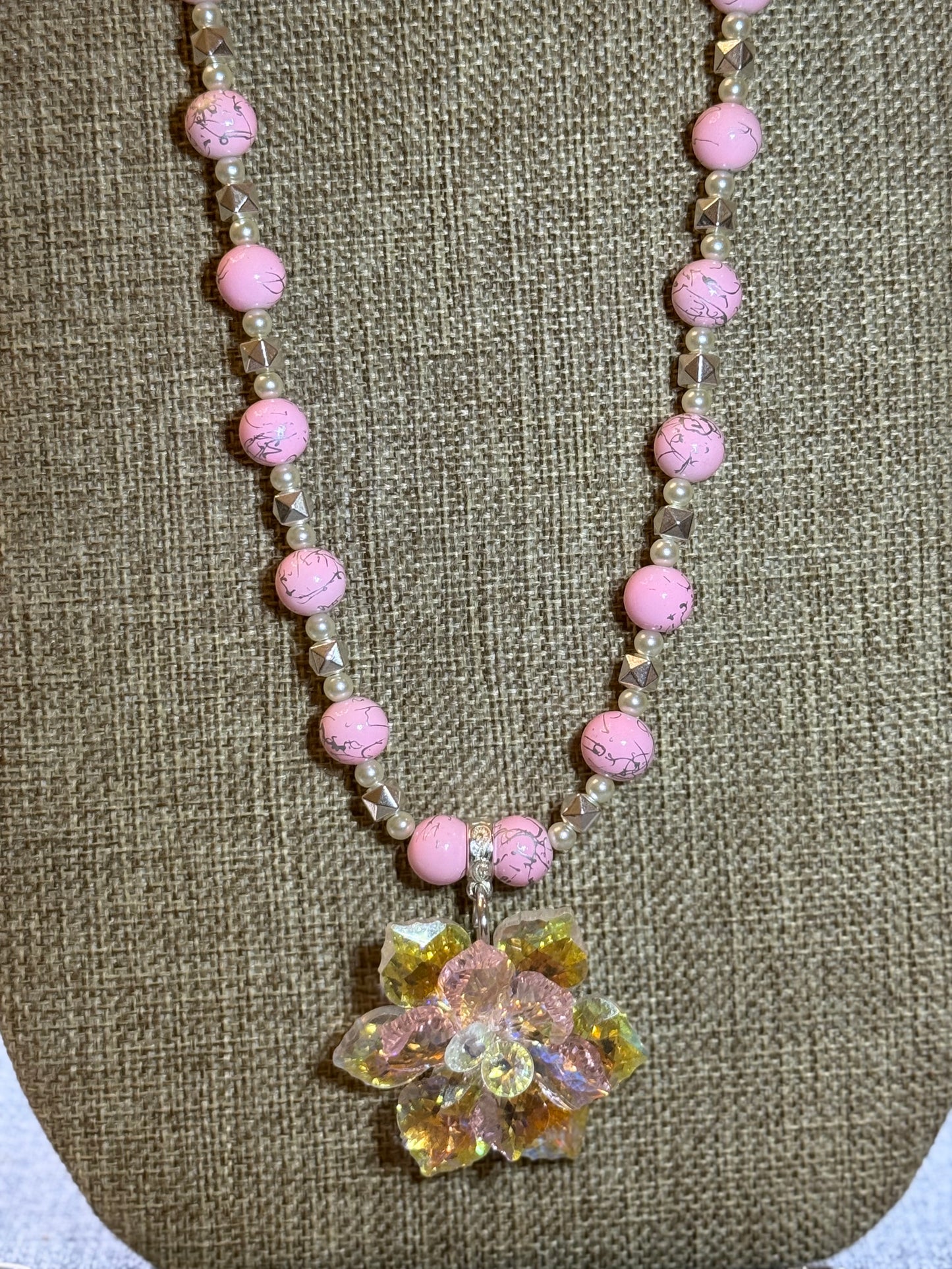 Pink Beaded Necklace with Crystal Flower Pendant – 26” Handmade Jewelry Set with Matching 8" Bracelet & Earrings