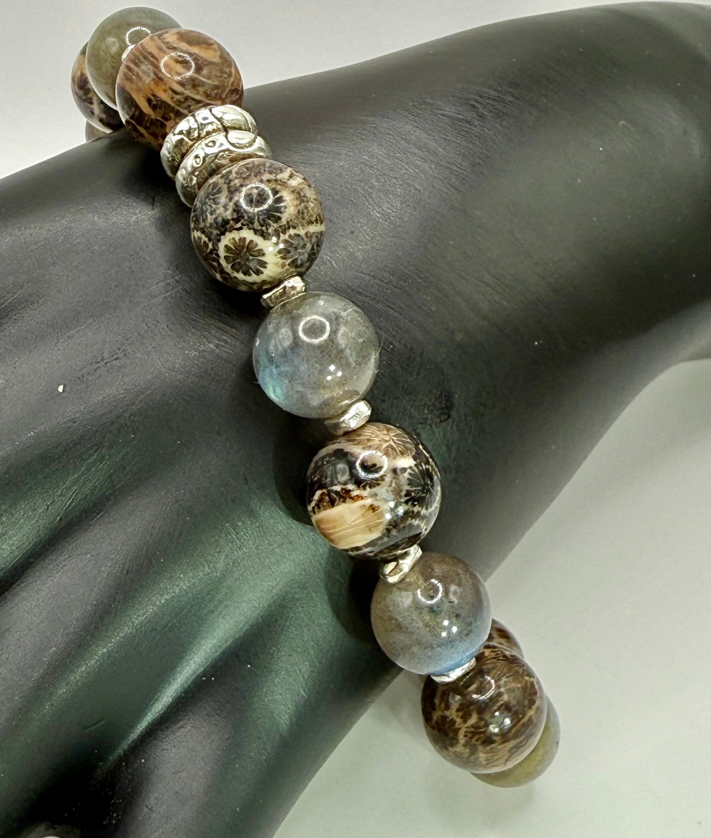 Labradorite and Coral Jade Gemstone Bracelet 7.5” | Stretch Bracelet | Boho Chic Energy Jewelry | Handmade by LuckyCharm Boutique
