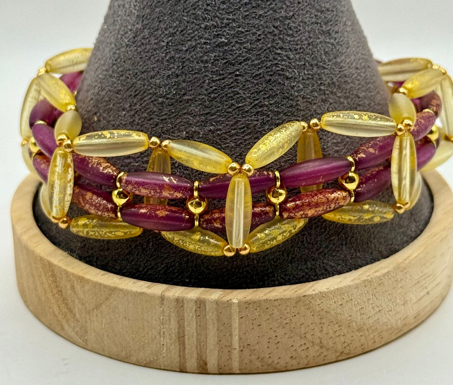 Burgundy & Gold Glass Bead Bracelet 7.75” | Two-Strand Clasp Bracelet | Handmade Glass Jewelry | Elegant Statement Bracelet | Gift for Her