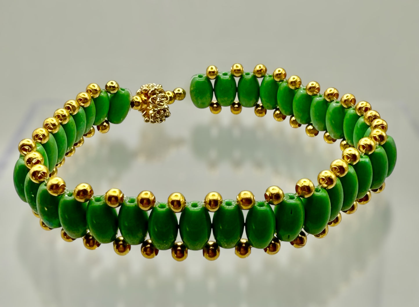 Green & Gold Beaded Stretch Bracelet – 7.5” Rice Bead Design