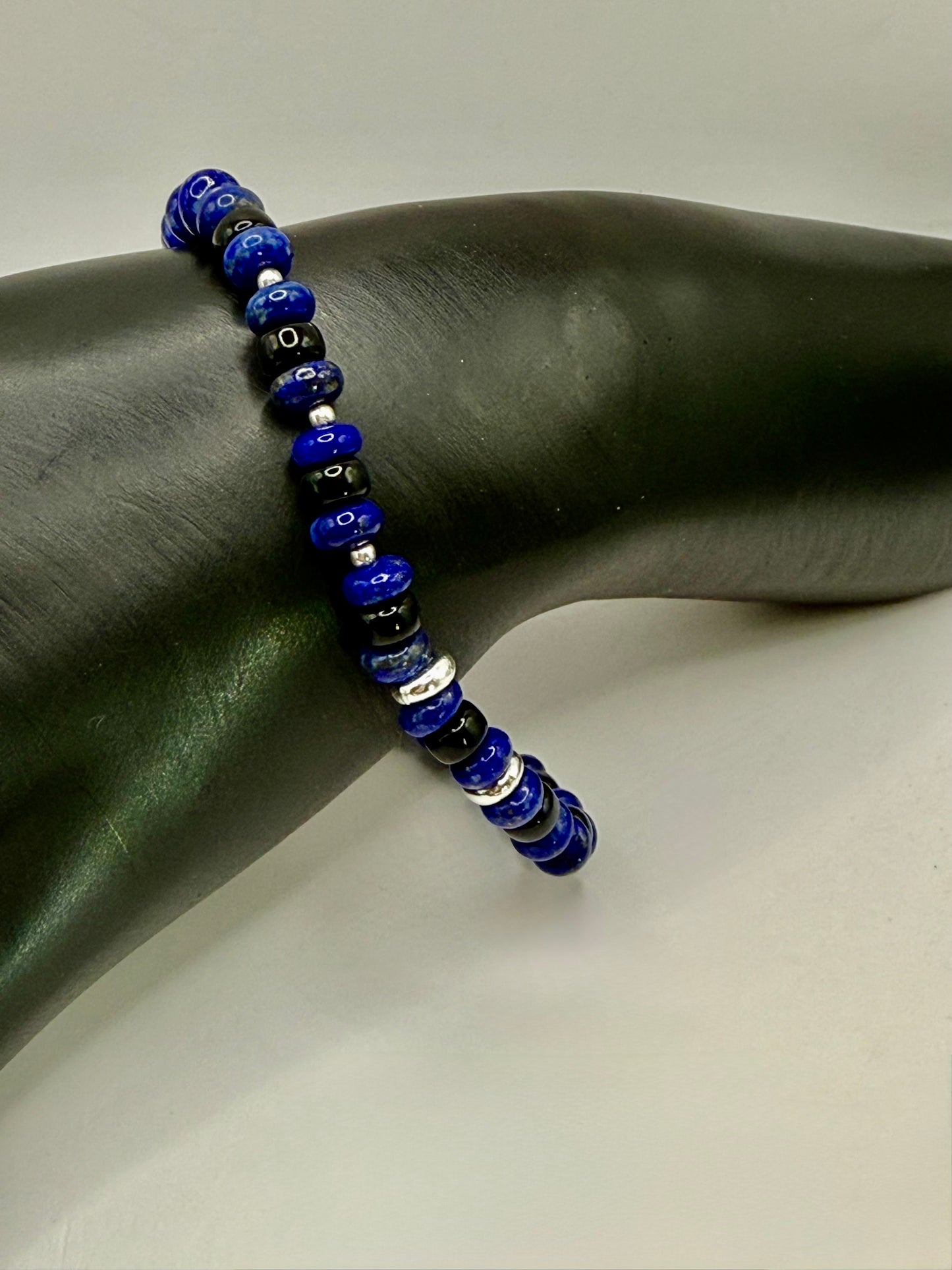 Lapis Lazuli and Onyx Stretch Bracelet – 7” Handmade Gemstone Jewelry – Healing Crystal Bracelet – Unisex Beaded Bracelet