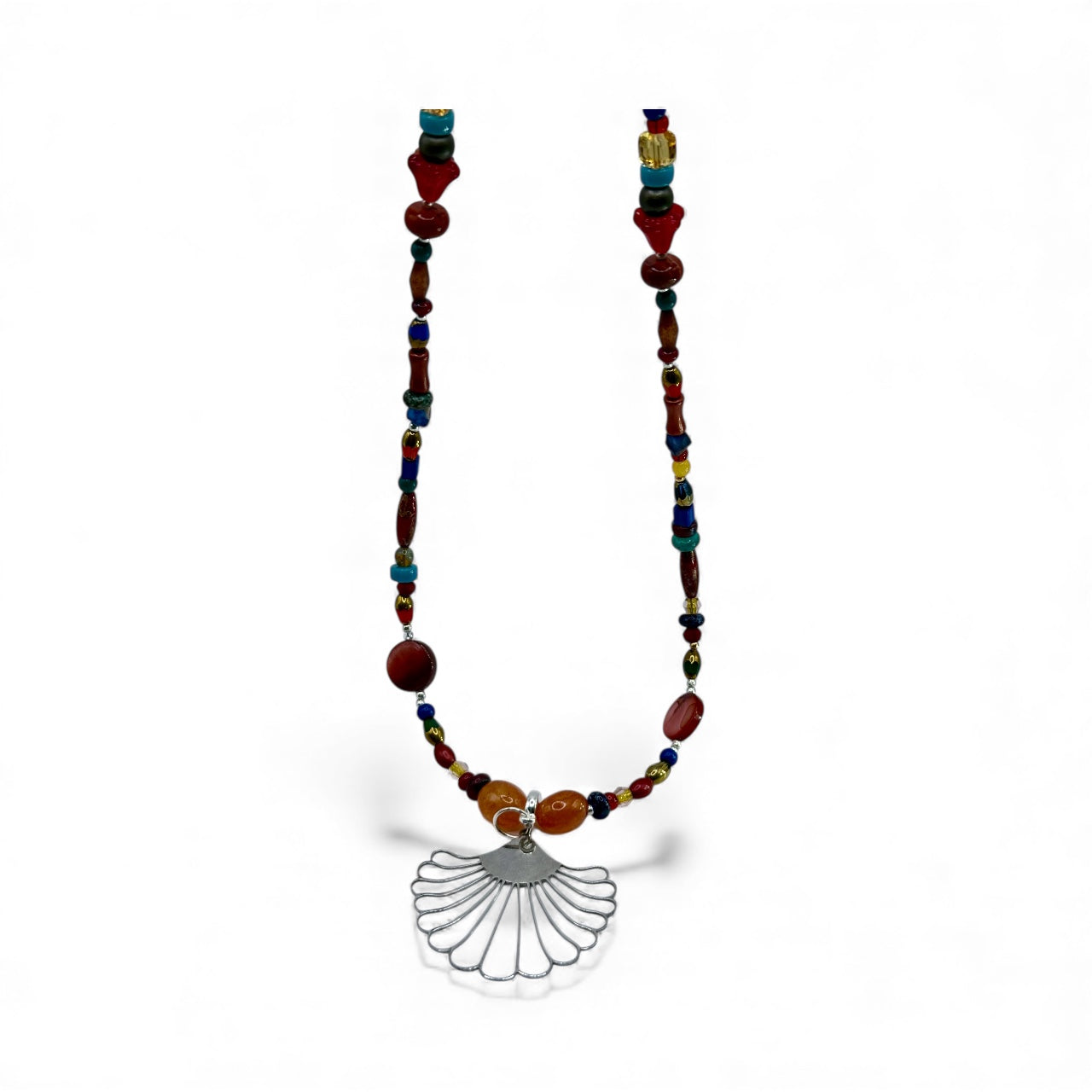 26” Boho Multicolor Beaded Necklace with Silver Fan Pendant | Handmade Artisan Necklace