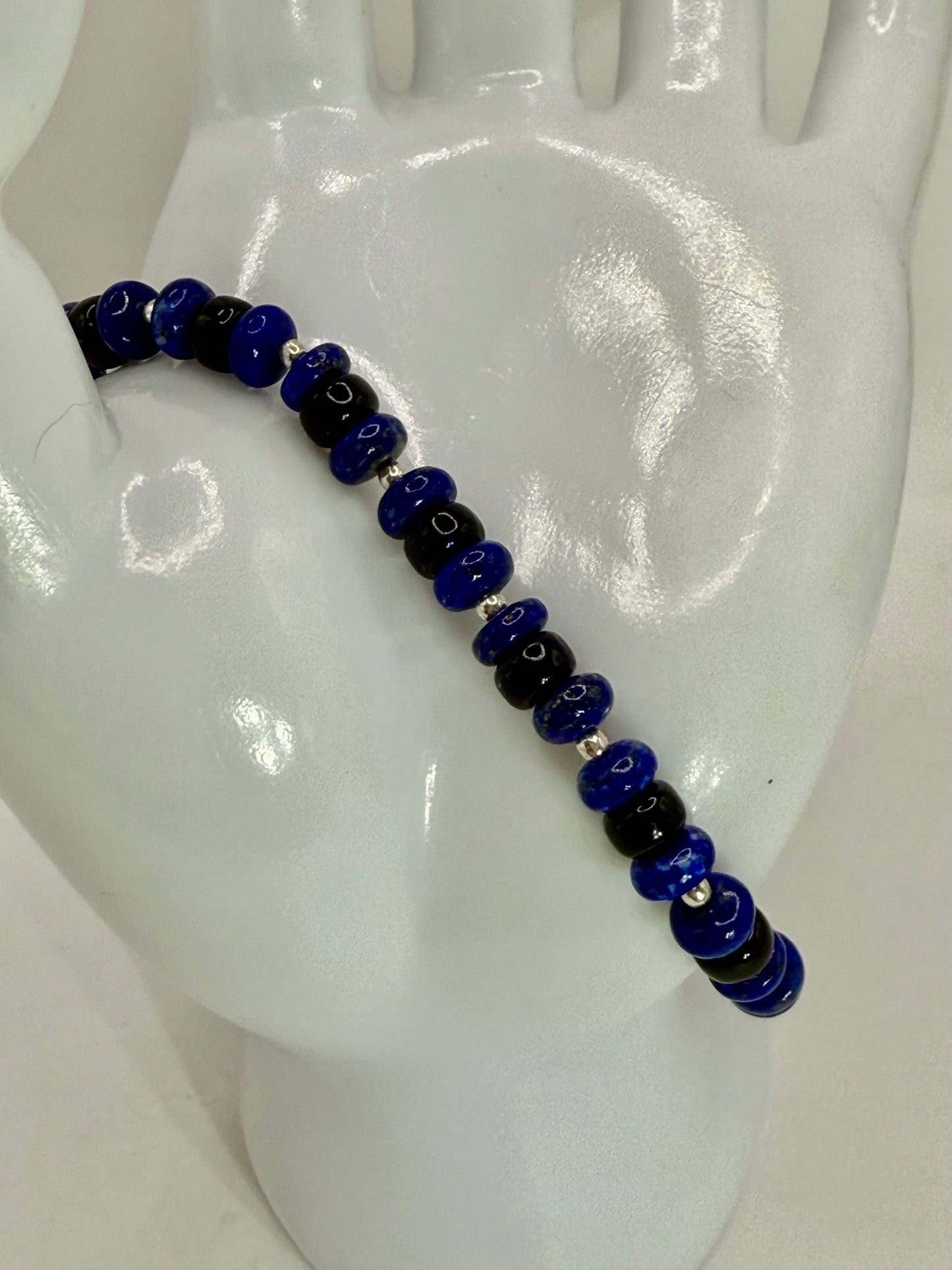 Lapis Lazuli and Onyx Stretch Bracelet – 7” Handmade Gemstone Jewelry – Healing Crystal Bracelet – Unisex Beaded Bracelet