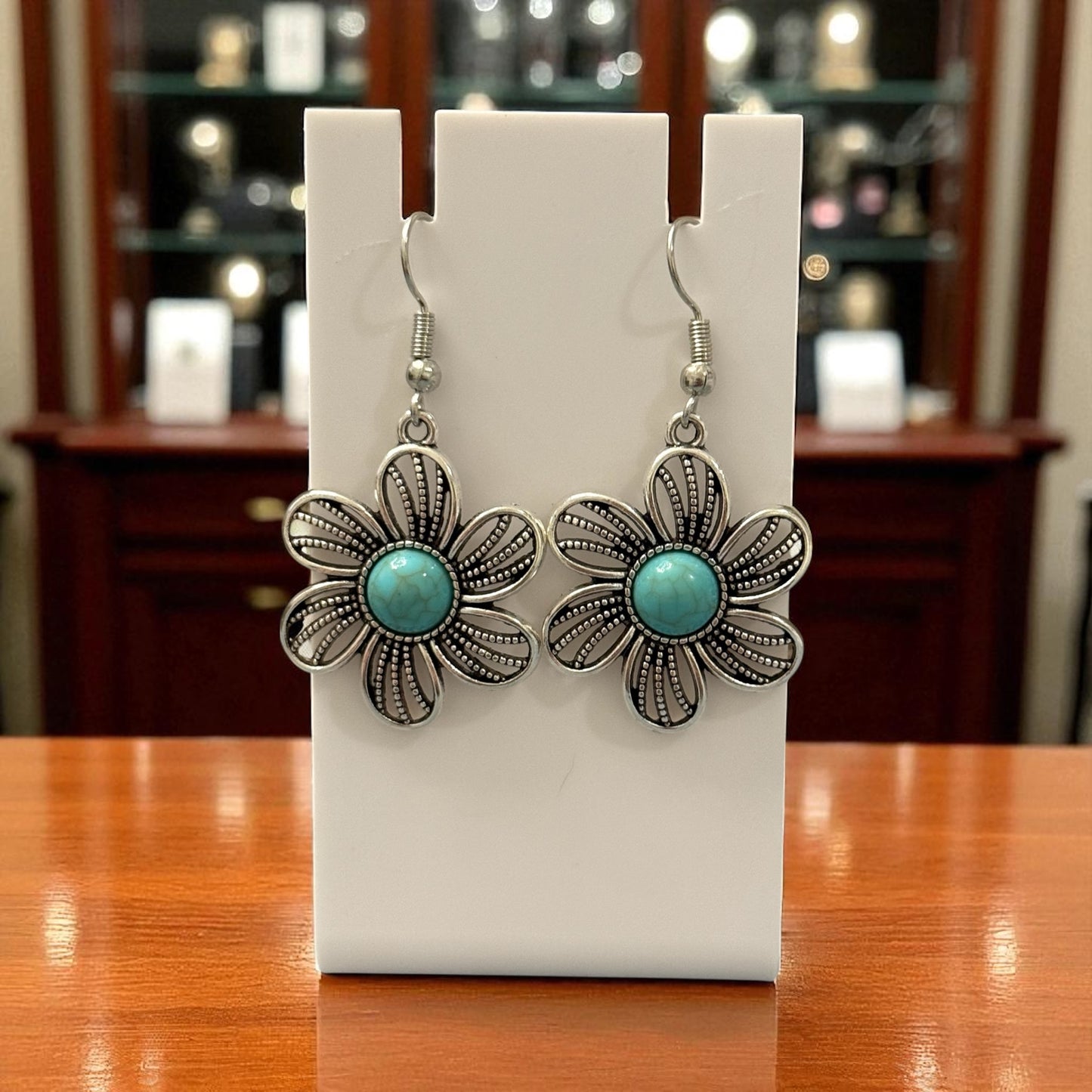 Turquoise Howlite Flower Earrings | Boho Floral Dangle Drops | Silver-Tone Western Jewelry | Gift for Her