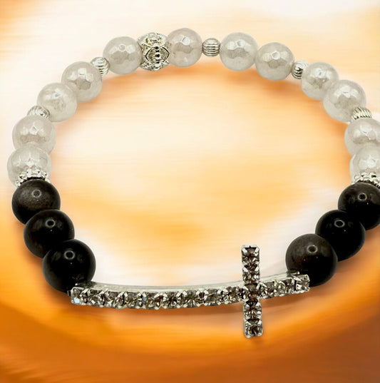 Rose Quartz & Amethyst Cross Stretch Bracelet 7.5"