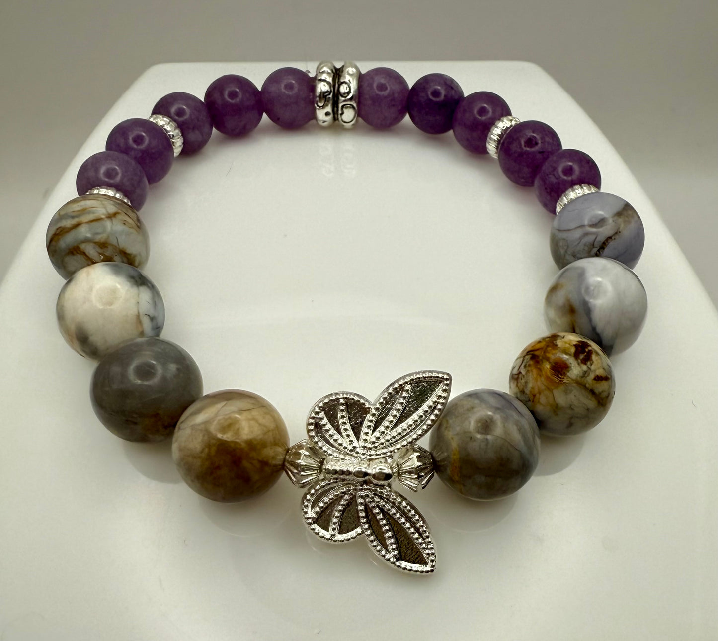 Amethyst Agate and Amethyst Butterfly Bracelets 7.5" Wired and Stretch