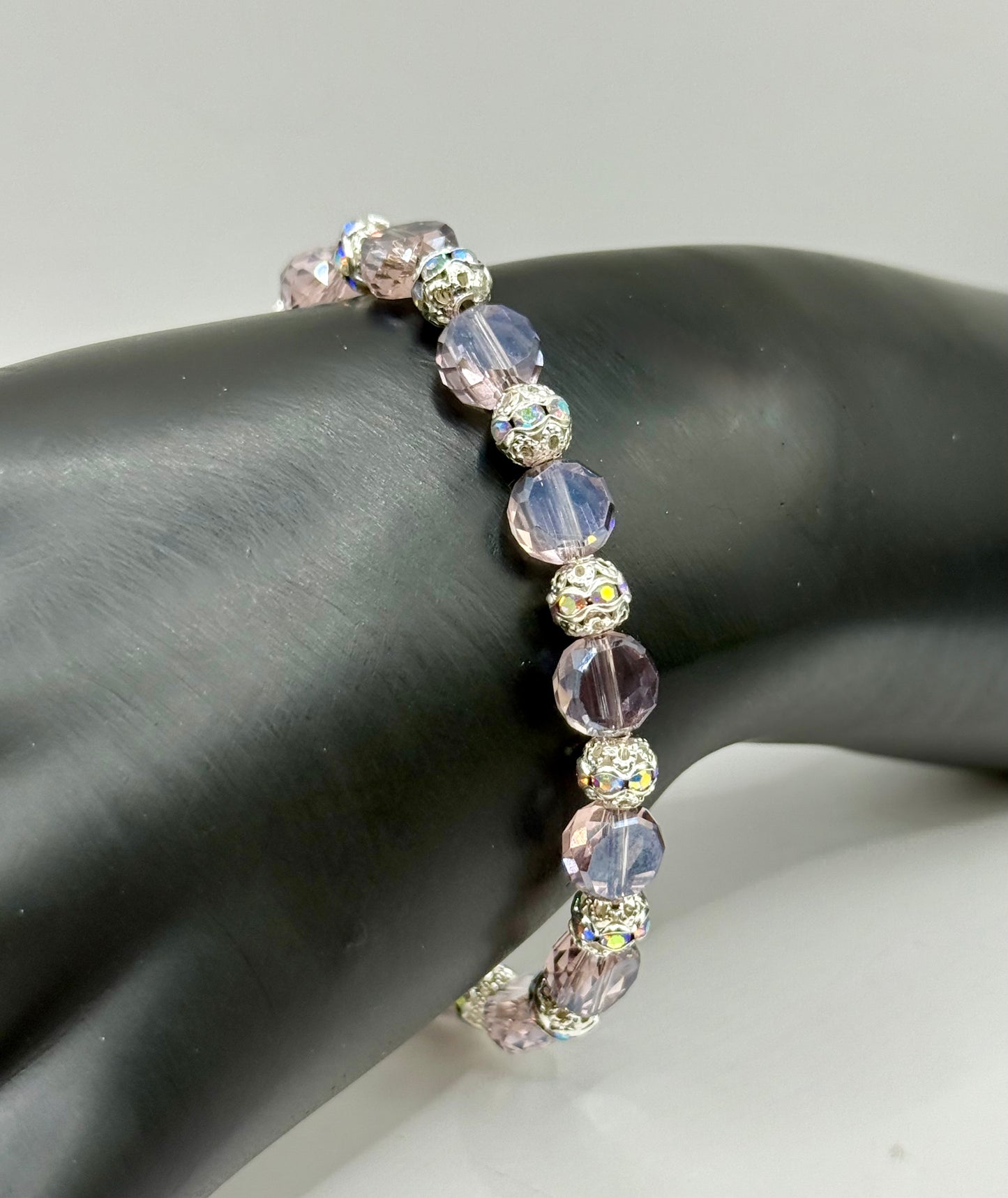 Electroplated Glass Coin Bracelet – 7.5” Clasp, Iridescent Crystal Beads, Handmade Jewelry Gift for Her