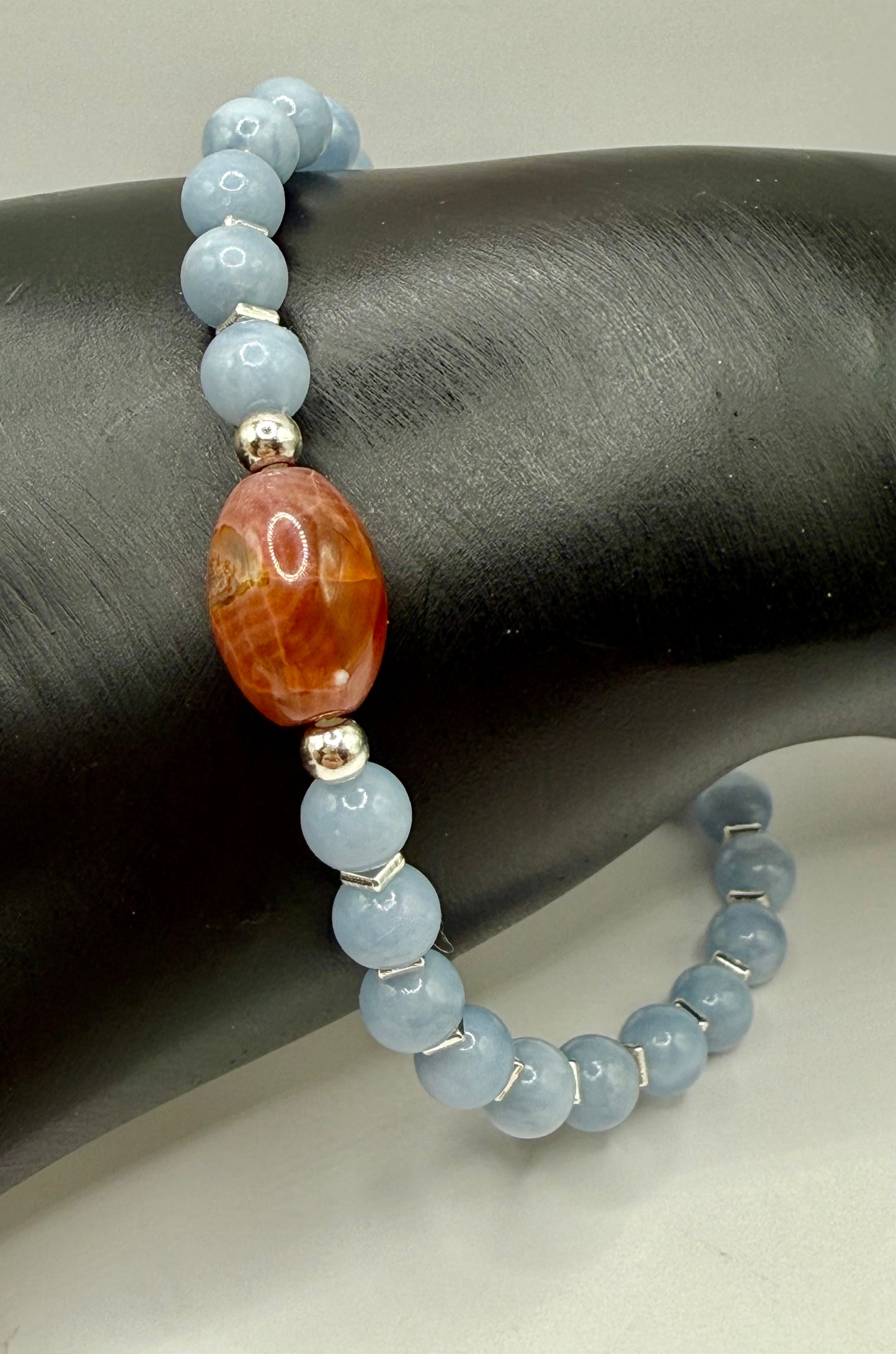 Angelite & Coral Jade Bracelet – 8” Stretch – Blue Healing Stone Jewelry – Gemstone Bracelet with Free Resizing – Handmade Gift
