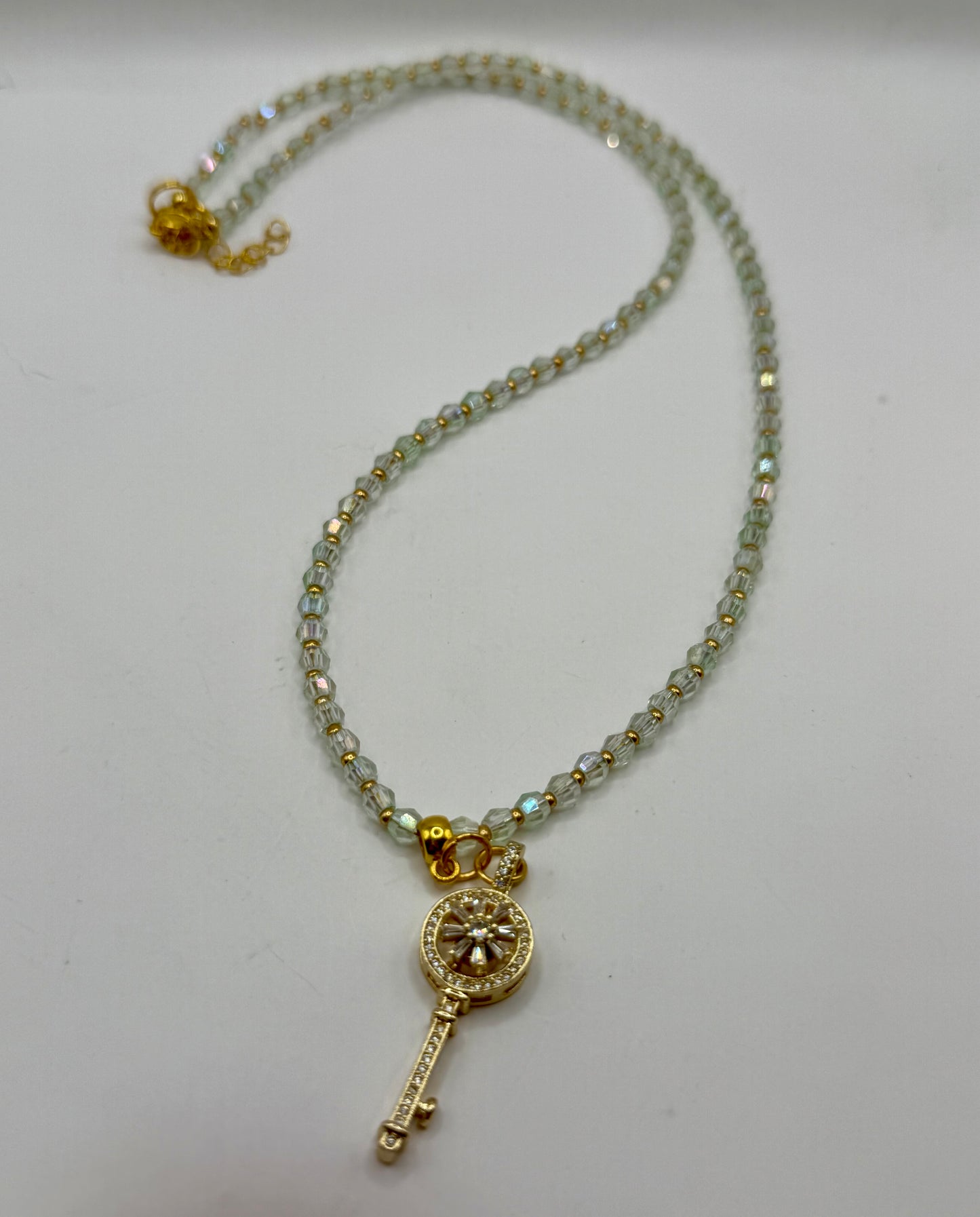 Gold Key Pendant Necklace – 20” Light Green Zircon Necklace with Spinner Key Charm, Elegant Crystal Beaded Jewelry, Gift for Her