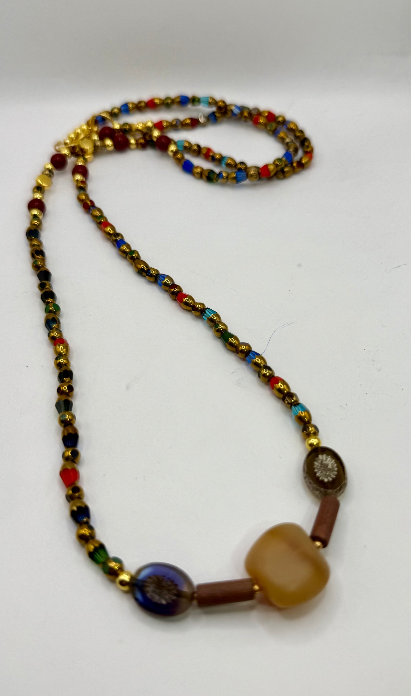 Boho Czech Glass Necklace 22” • Gold Accent Handmade Jewelry • Colorful Floral Focal Beads • Unique Gift