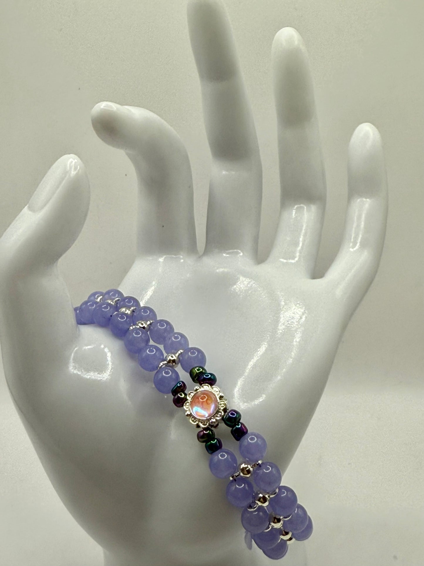 Handmade Lavender Beaded Bracelet with Opal Focal | 7.5” to 7.75” Double Strand Beaded Jewelry | Purple Glass Bracelet | Elegant Gift for Her